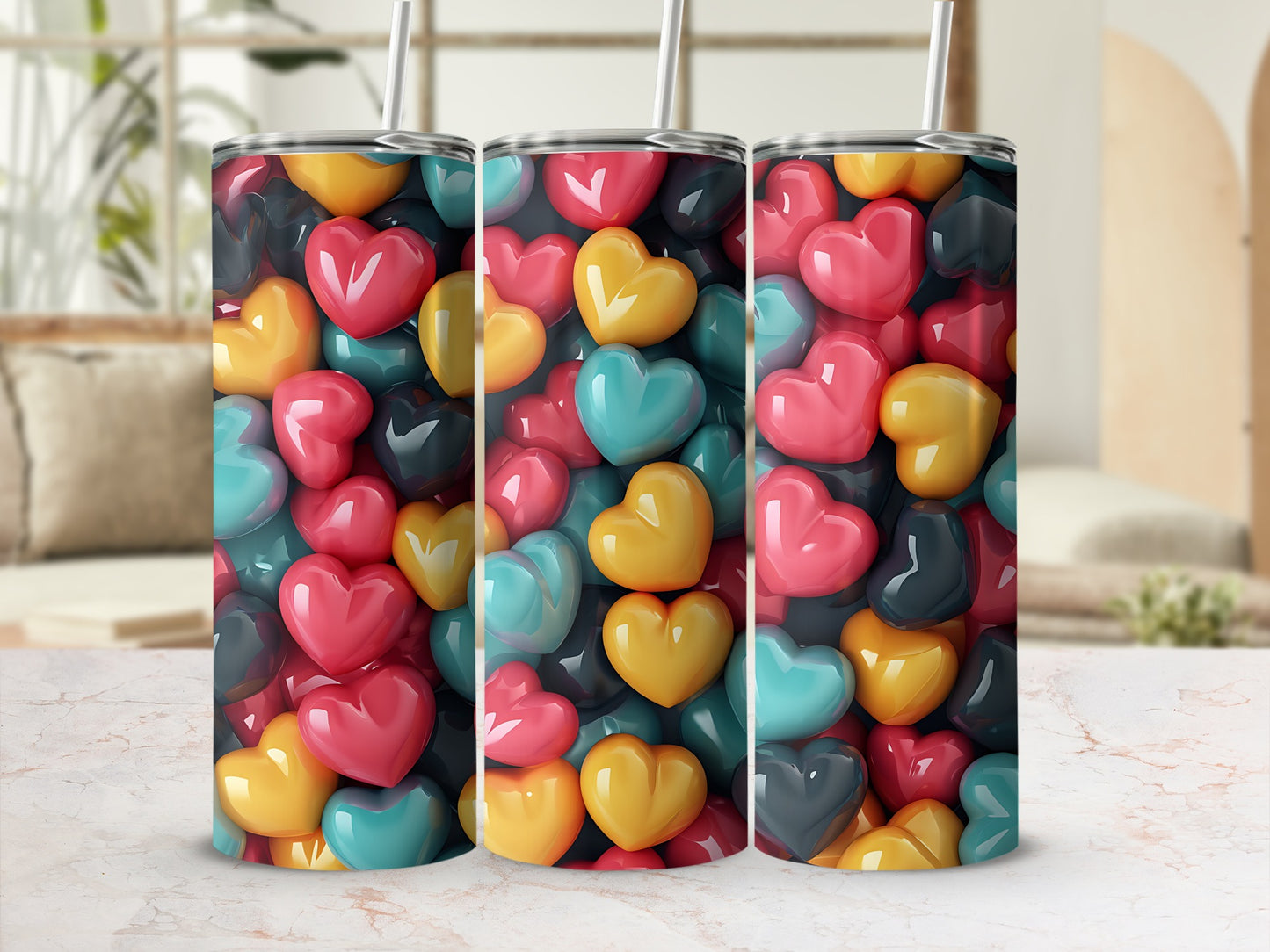 Colorful Glossy 3D Hearts Pattern Tumbler product type