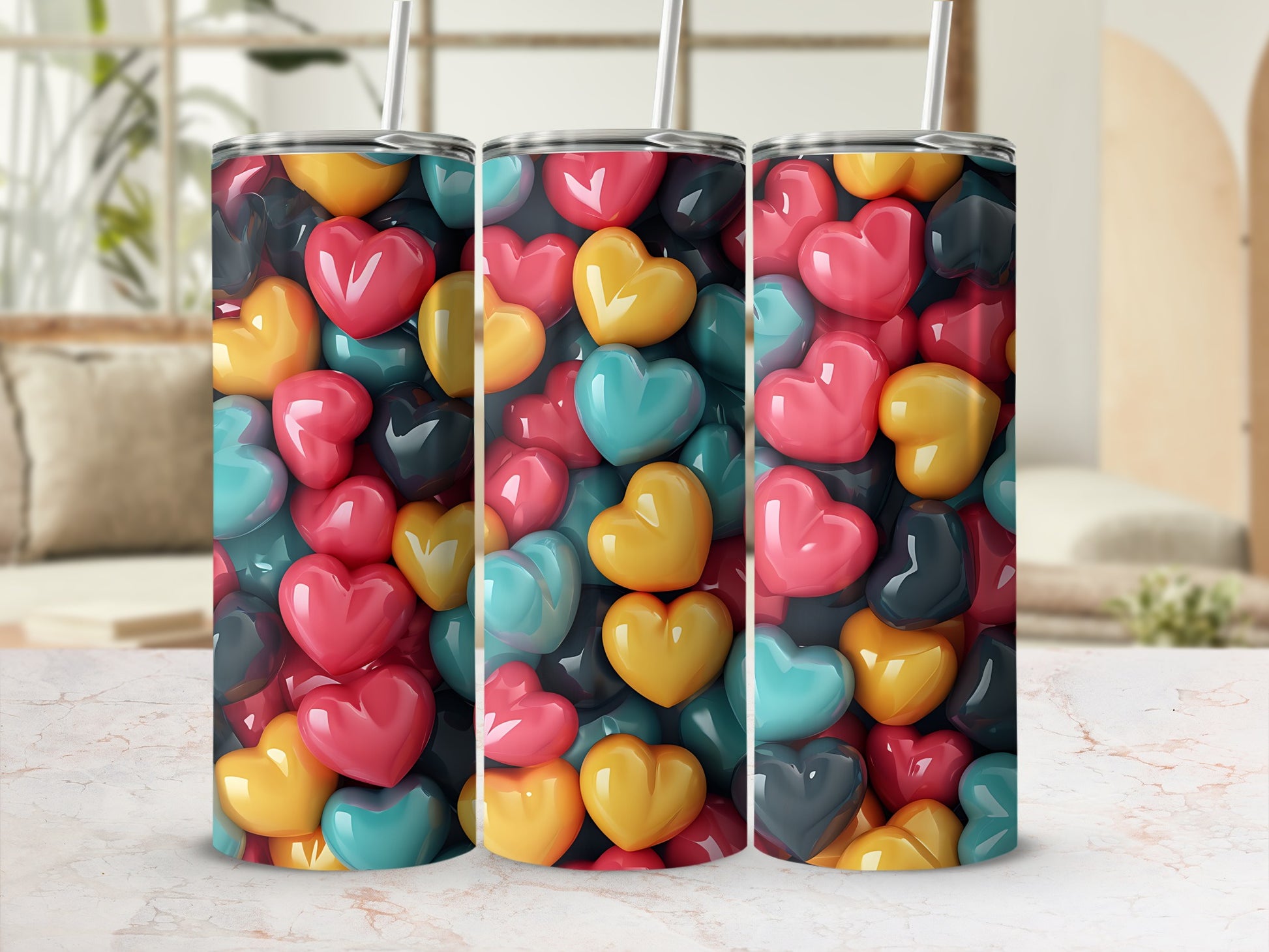Colorful Glossy 3D Hearts Pattern Tumbler product type