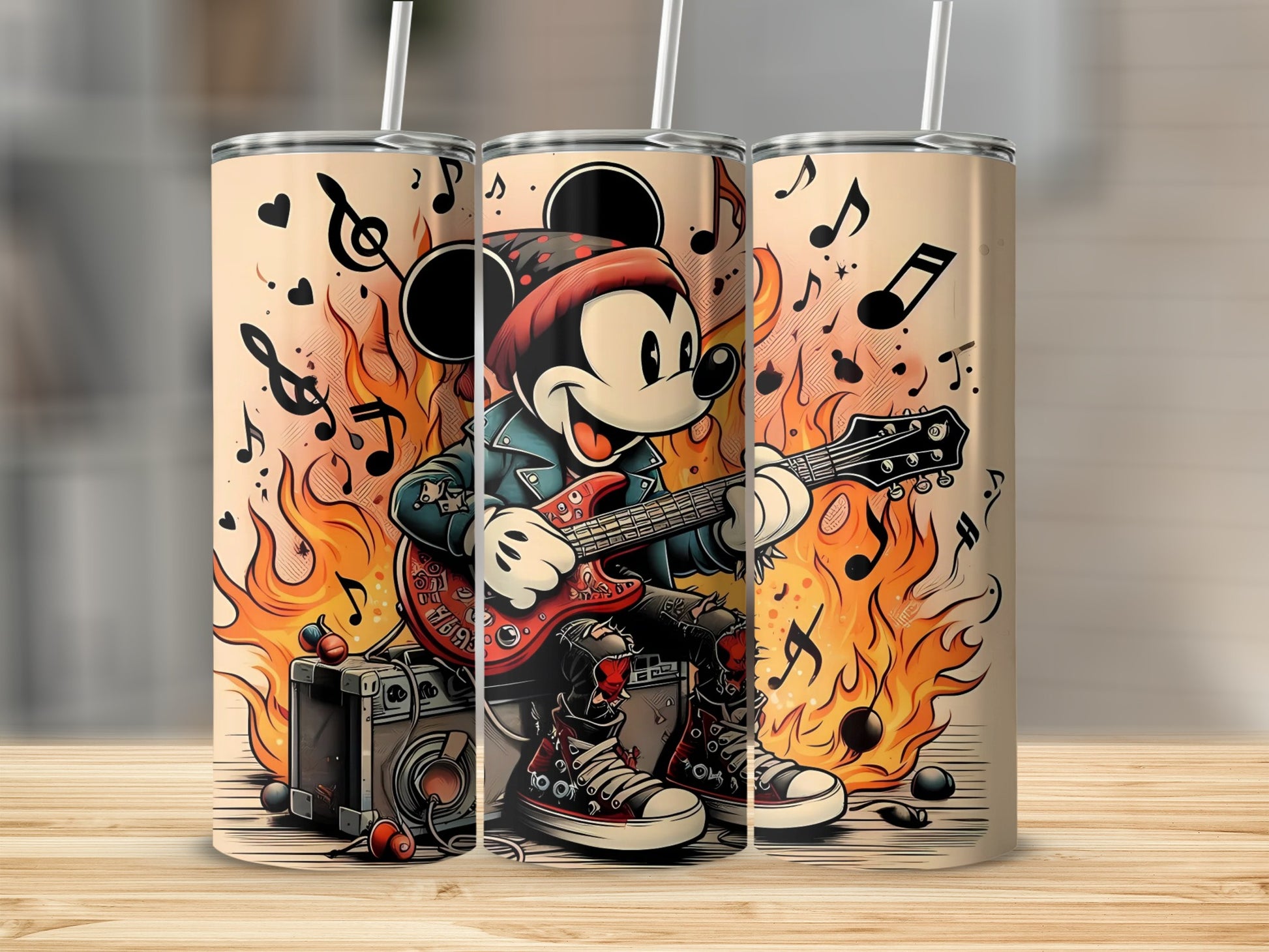 Rocking Cartoon Character with Flaming Guitar Design Tumbler