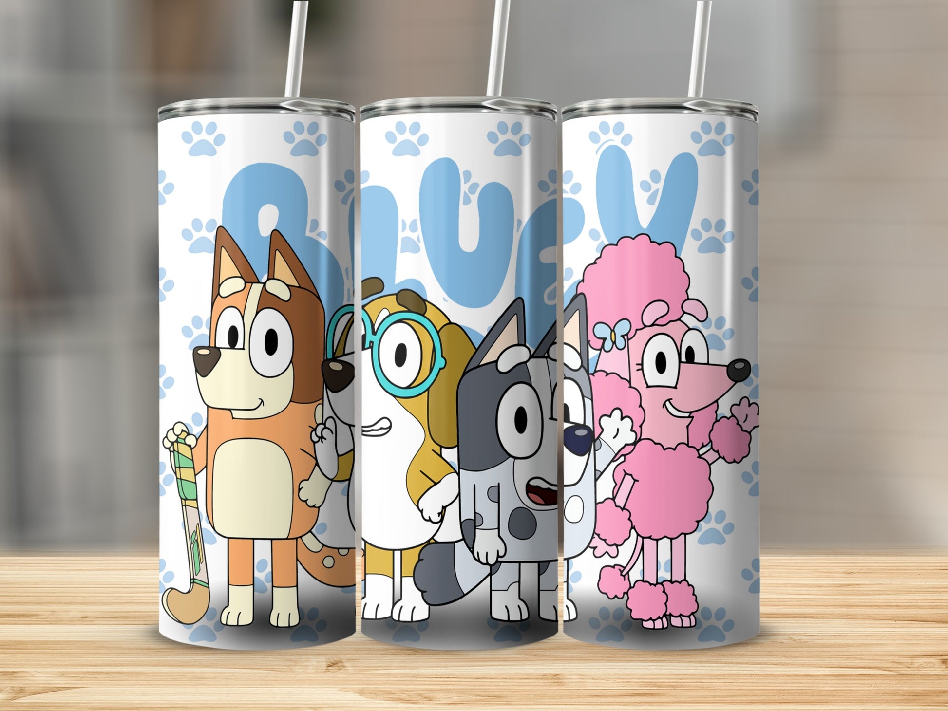 Bluey characters Bandit, Bingo, Bluey, and Coco on a patterned tumbler.