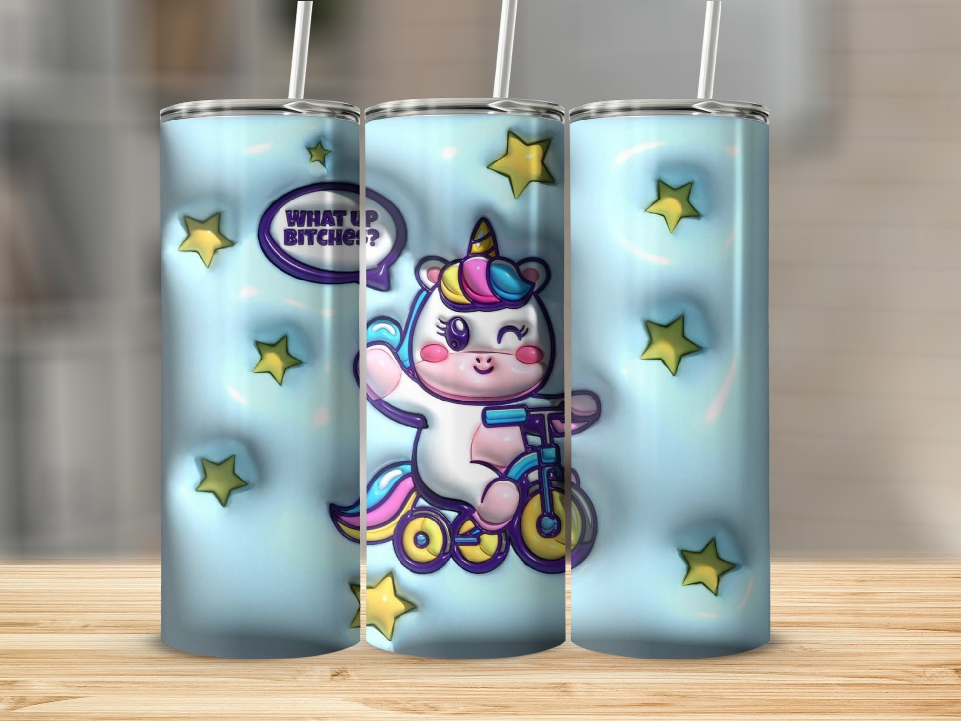 Unicorn Riding a Bike with Stars Design Tumbler
