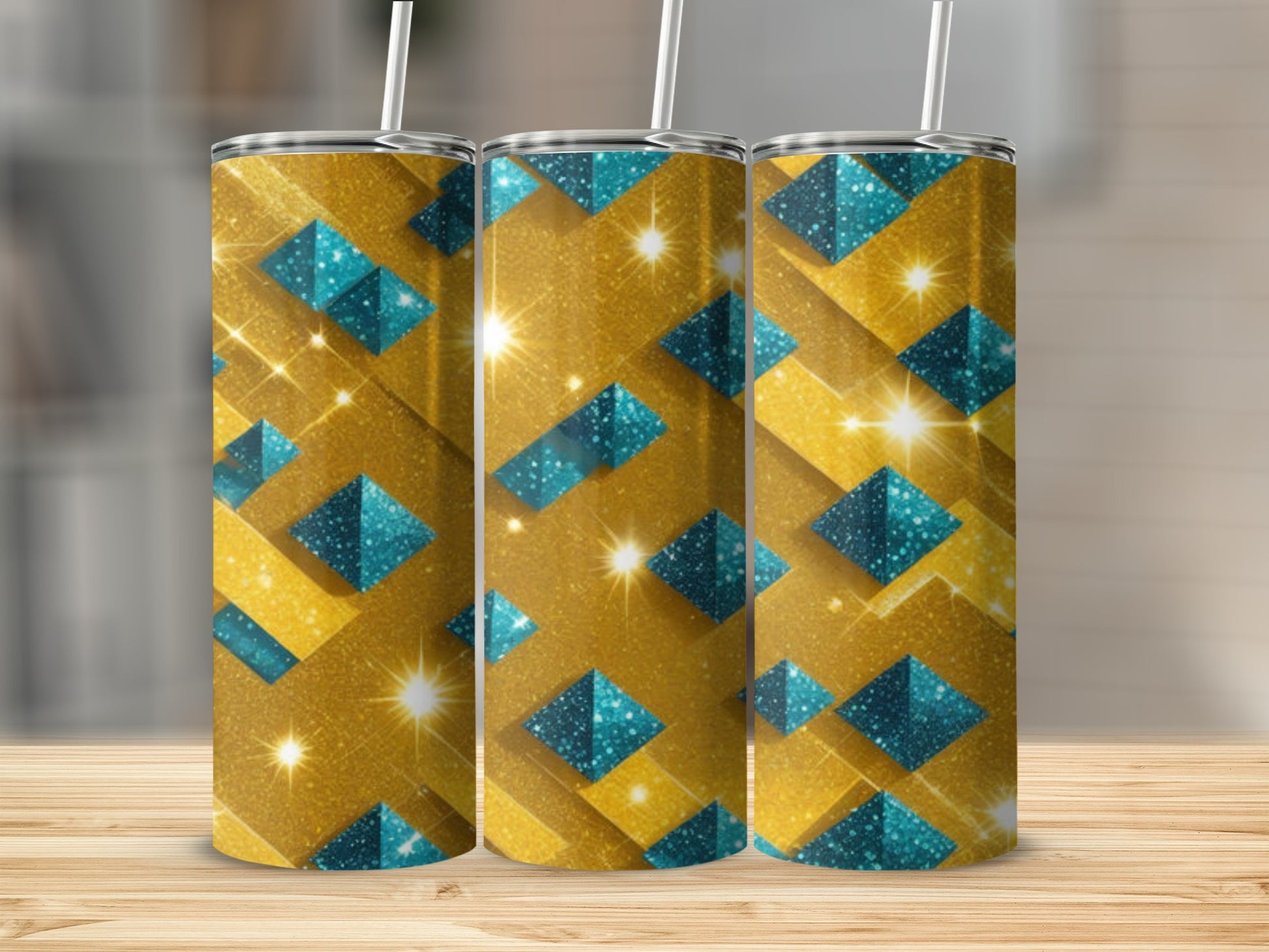 Gold and teal geometric pattern tumbler with sparkling glitter accents.