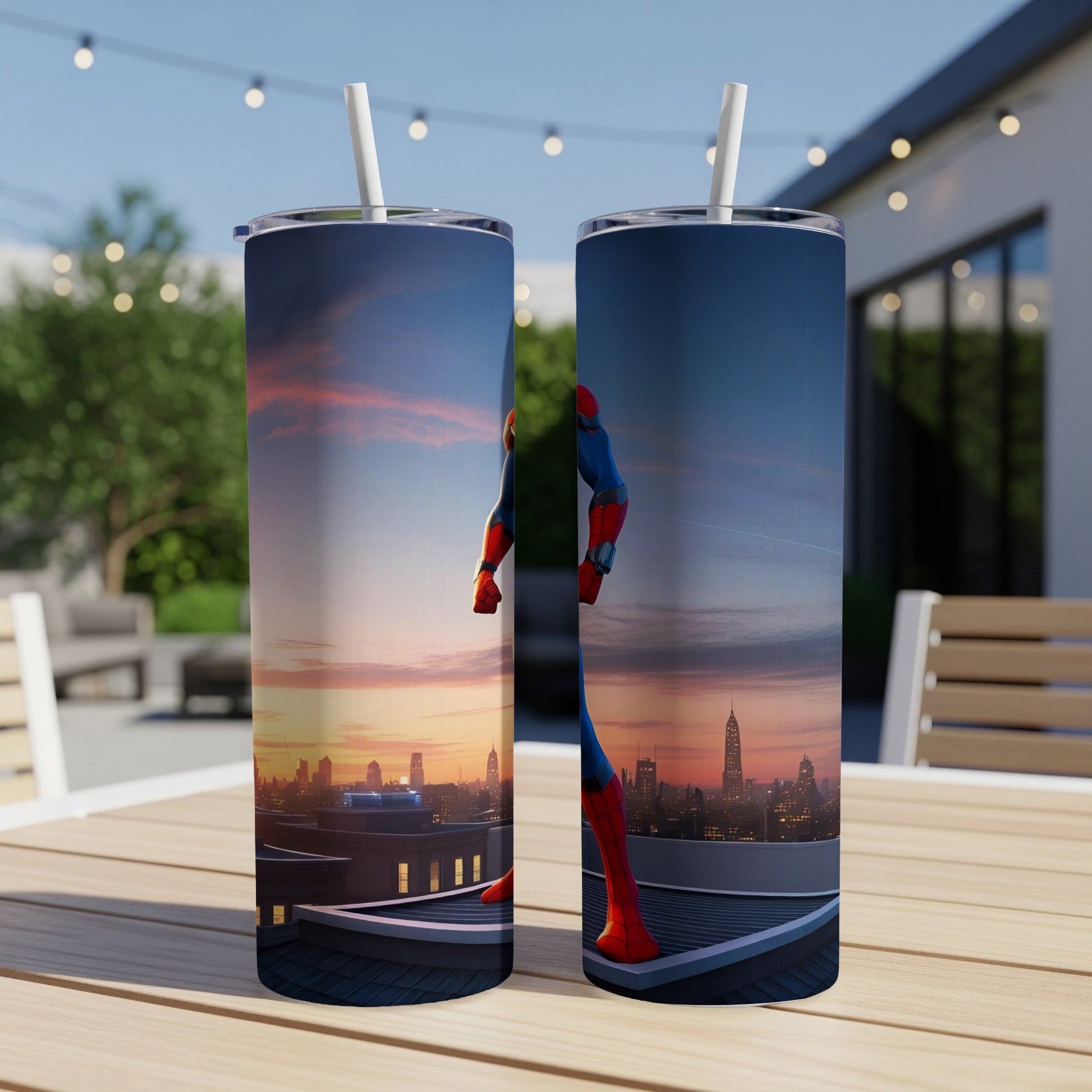 Spider-Man on rooftop at sunset, city skyline behind.