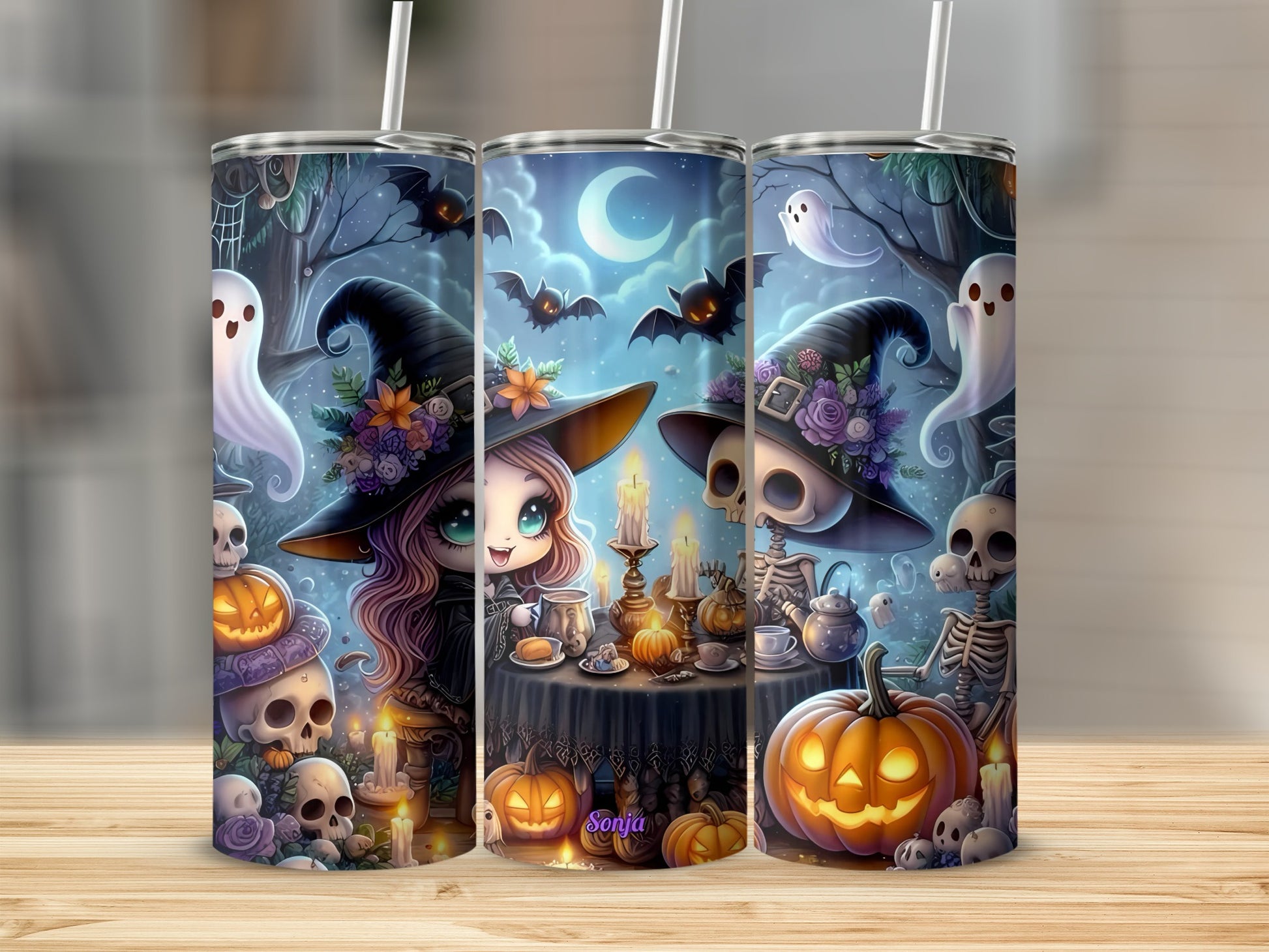 Halloween themed tumbler with ghosts, bats, pumpkins, and skulls.