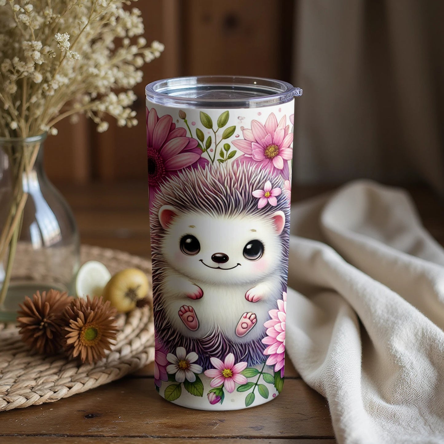 Cute Hedgehog with Flowers Insulated Tumbler Cup