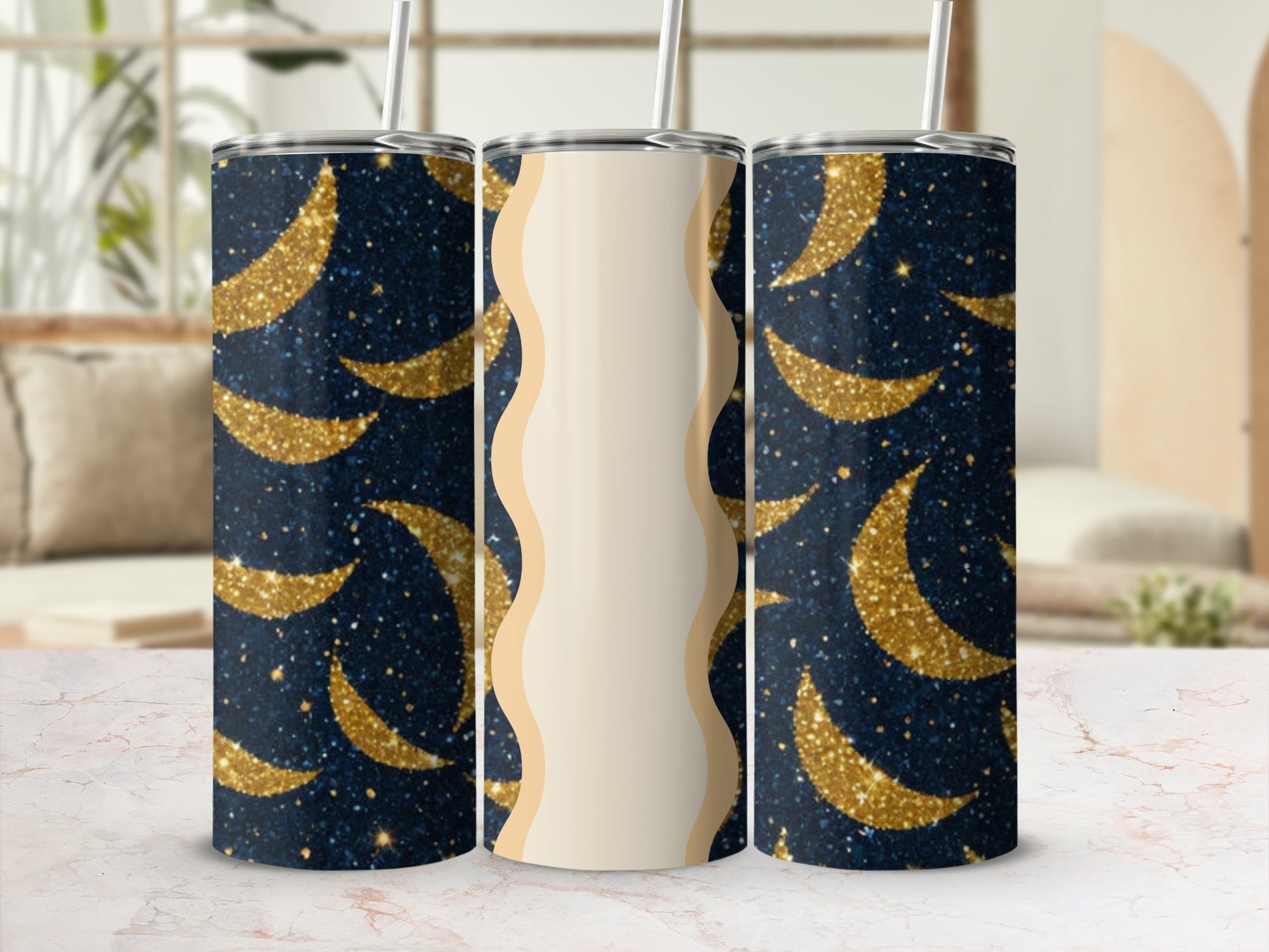 Three tumblers with a dark blue, sparkly, moon crescent pattern.