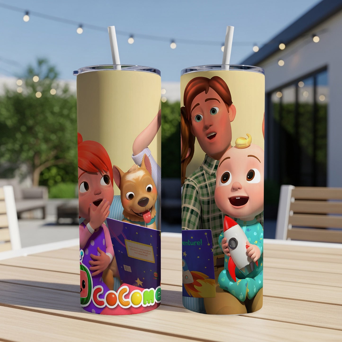 Two Cocomelon tumblers with characters and rocket ship design.