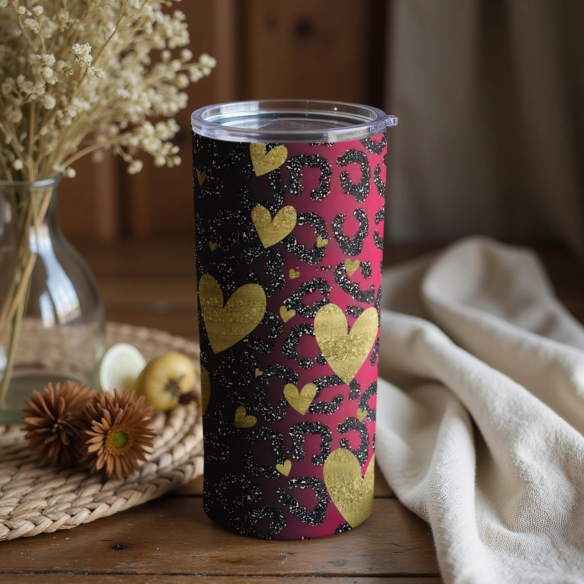Leopard Print and Gold Hearts Tumbler Cup Valentine's Gift