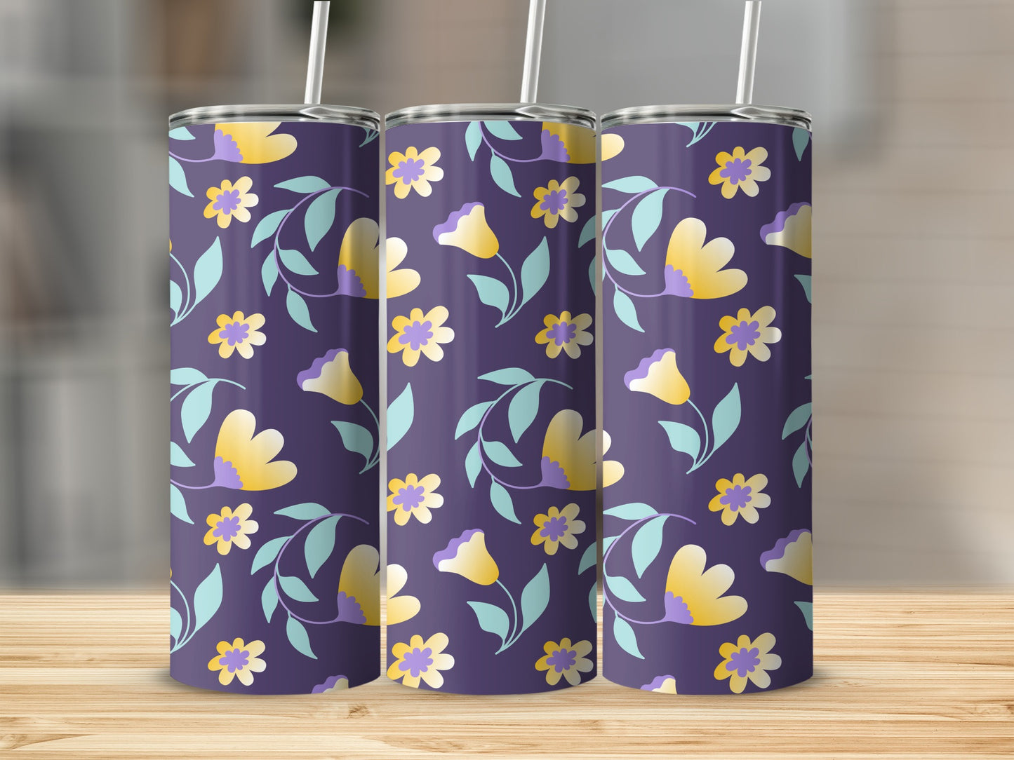 Floral Patterned Purple Tumbler With Straw Drinkware