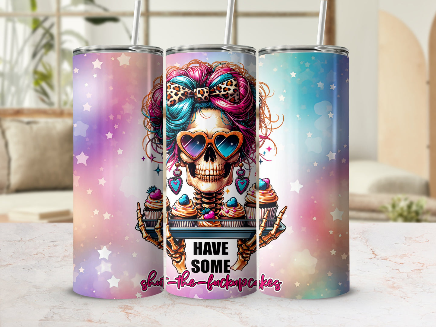 Skeleton in sunglasses holding cupcakes, with text "have some shut-the-fuckupcakes".