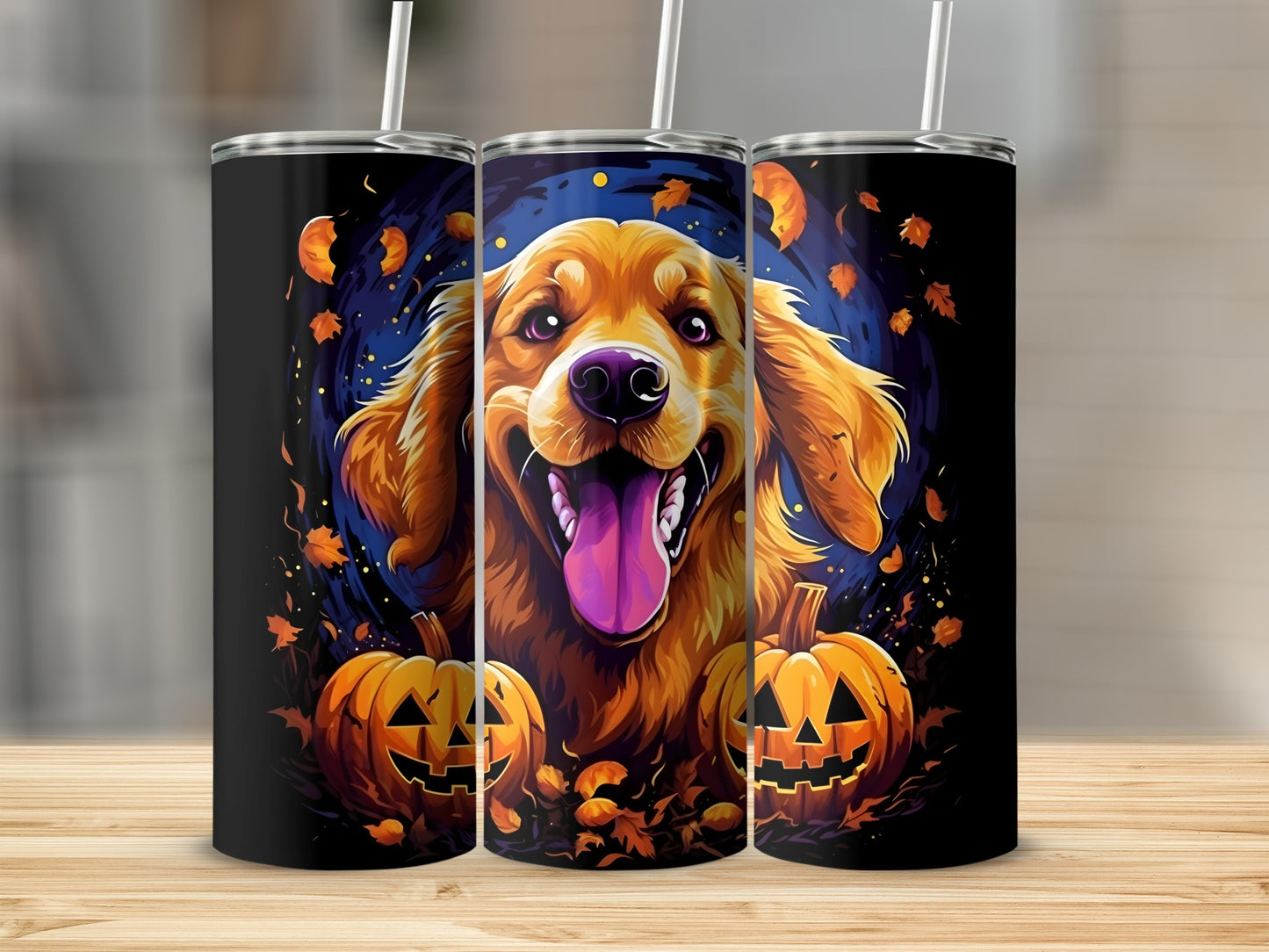 Three tumblers with a golden retriever and jack-o'-lantern Halloween design.
