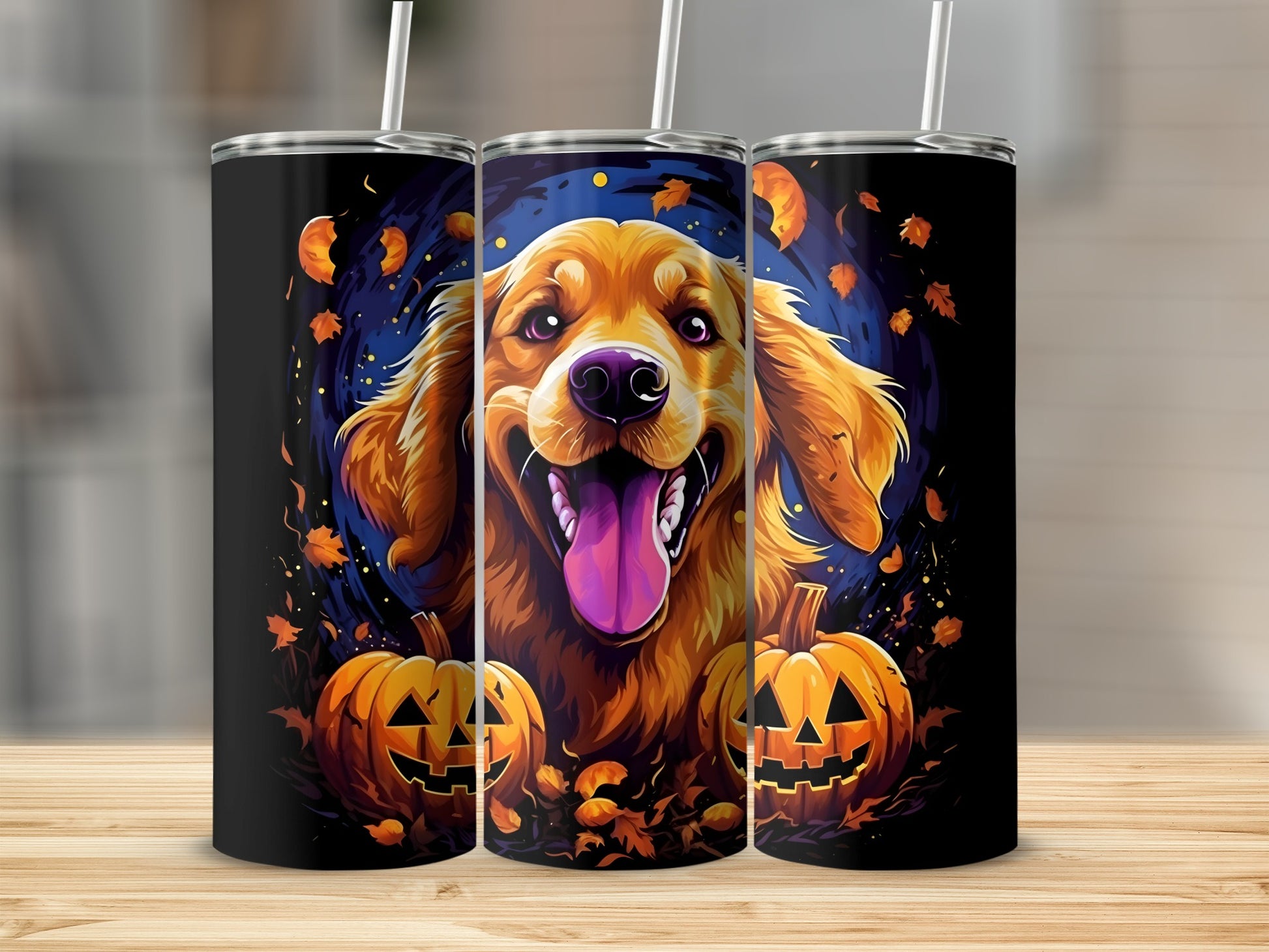 Three tumblers with a golden retriever and jack-o'-lantern Halloween design.
