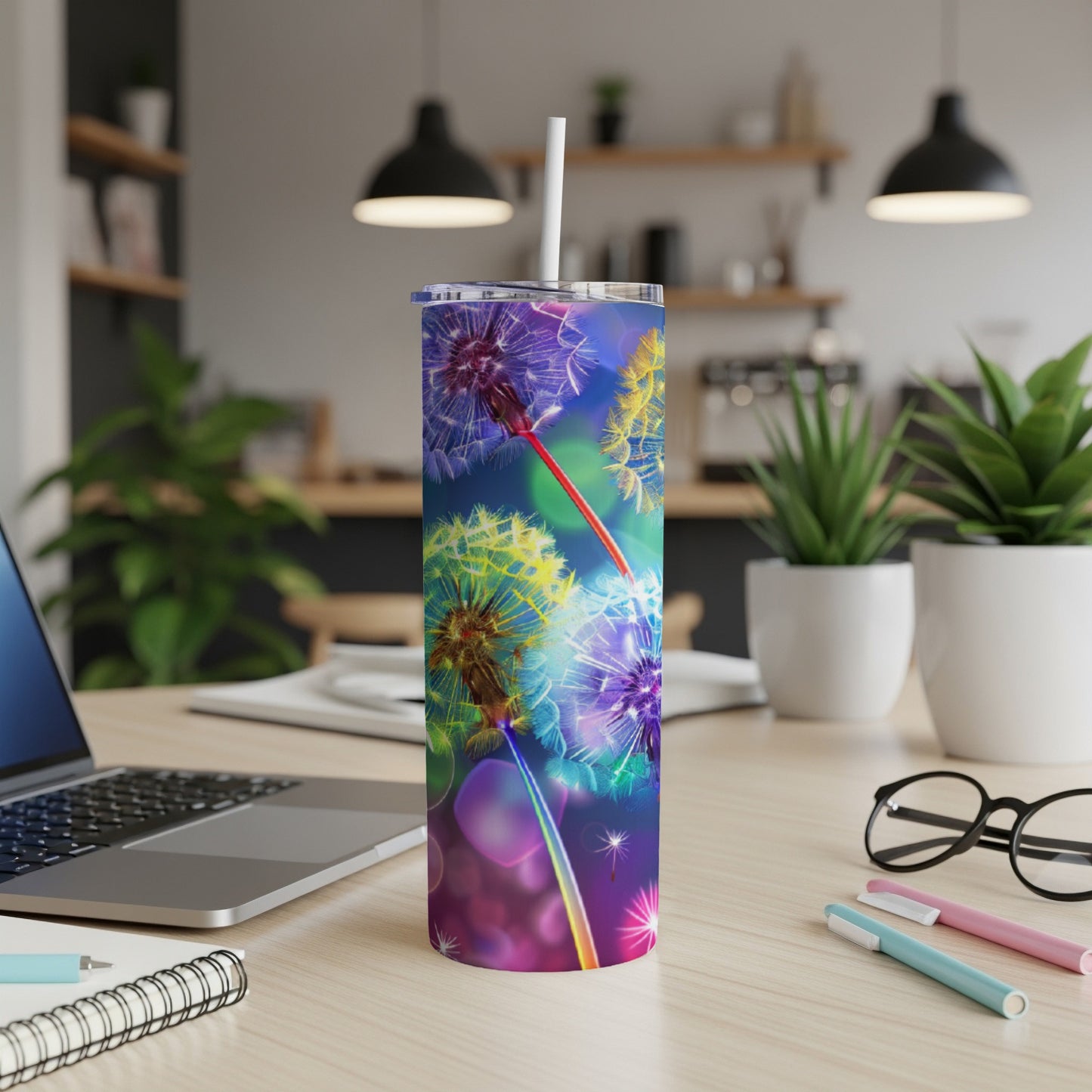 Colorful dandelion seed heads with bokeh lights on a tumbler.