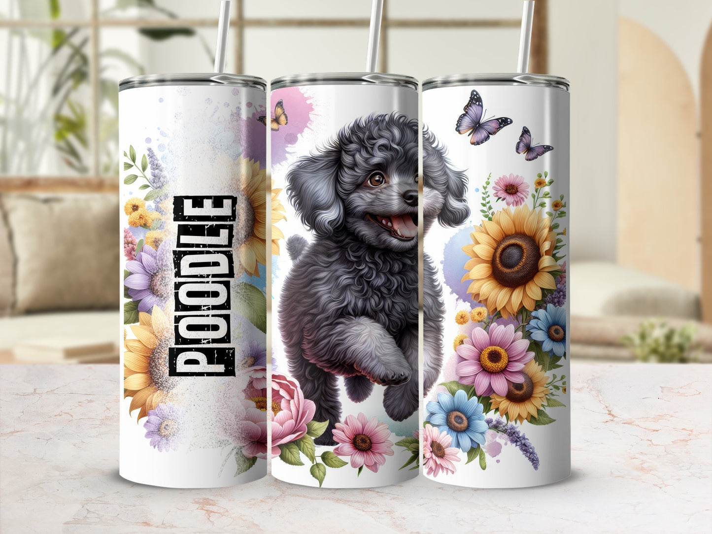 Poodle design on a tumbler with sunflowers and butterflies.
