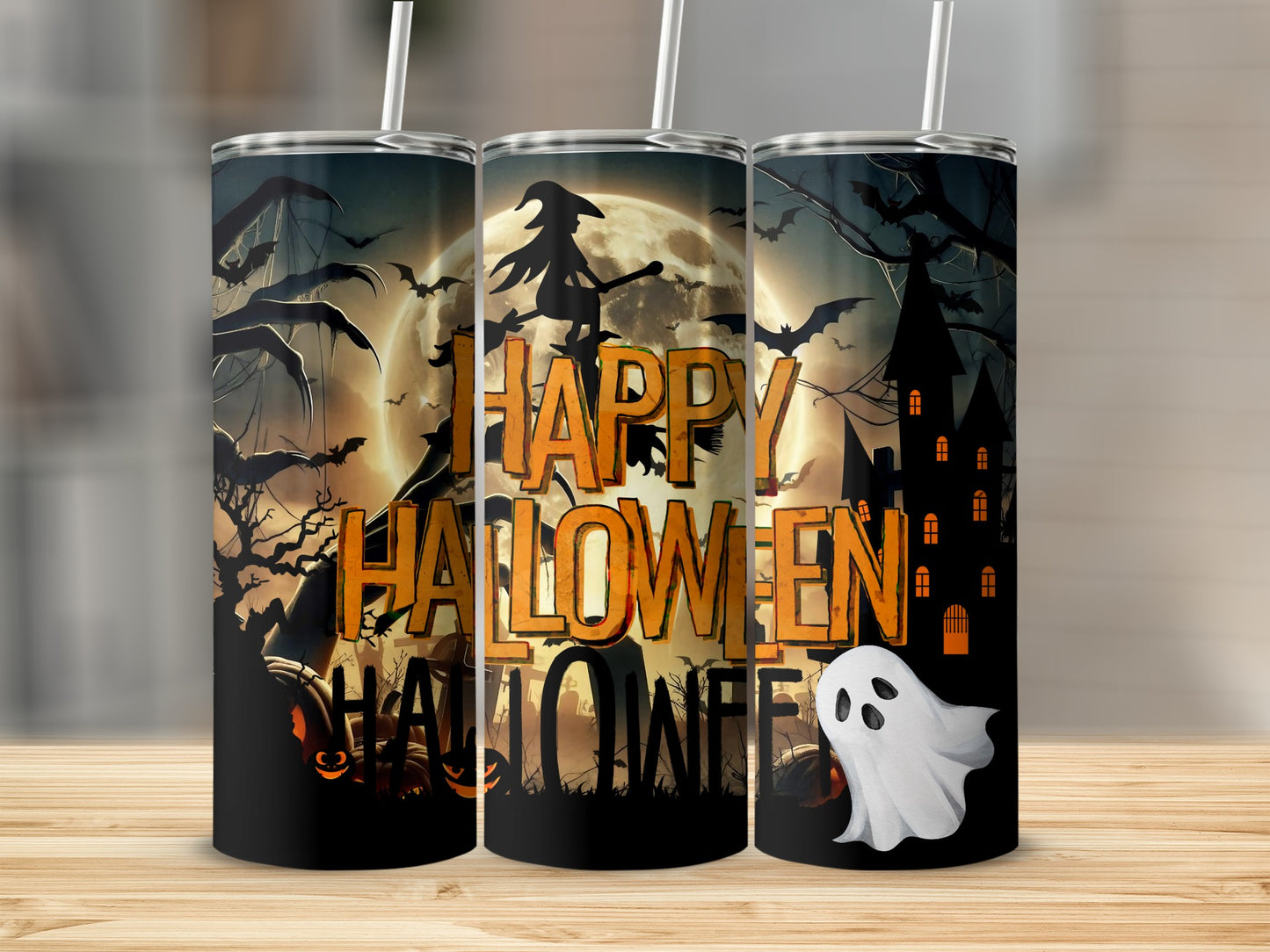 Three tumblers with a Halloween scene featuring a witch, bats, spooky house, and ghost.