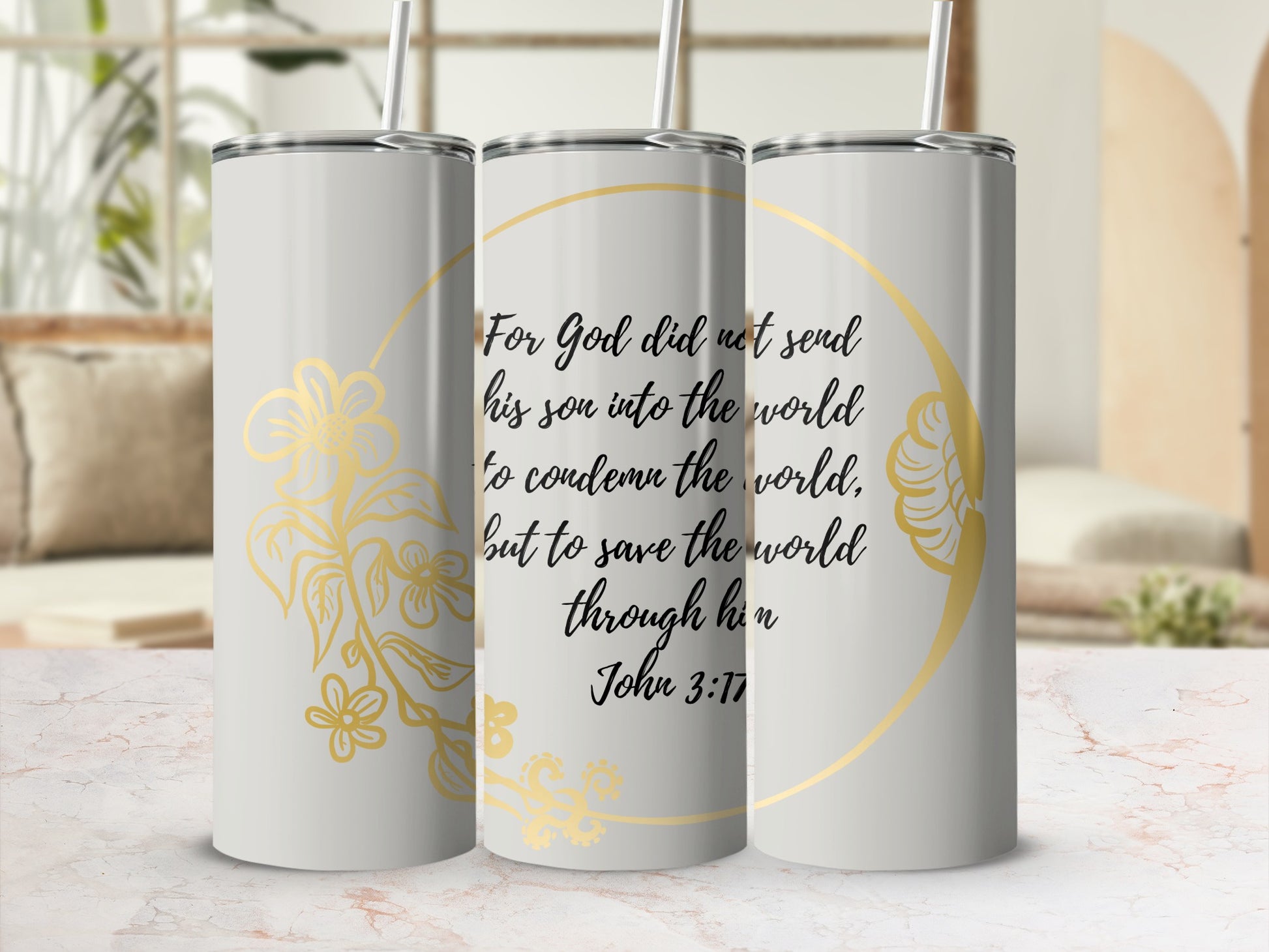 Inspirational John 3:17 Quote Floral Design Tumbler
