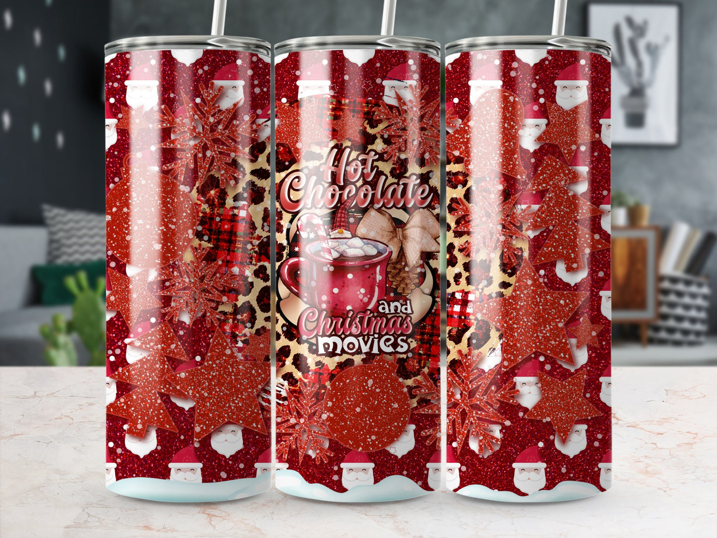 Hot chocolate and Christmas movies tumbler with Santa, plaid, and glitter designs.