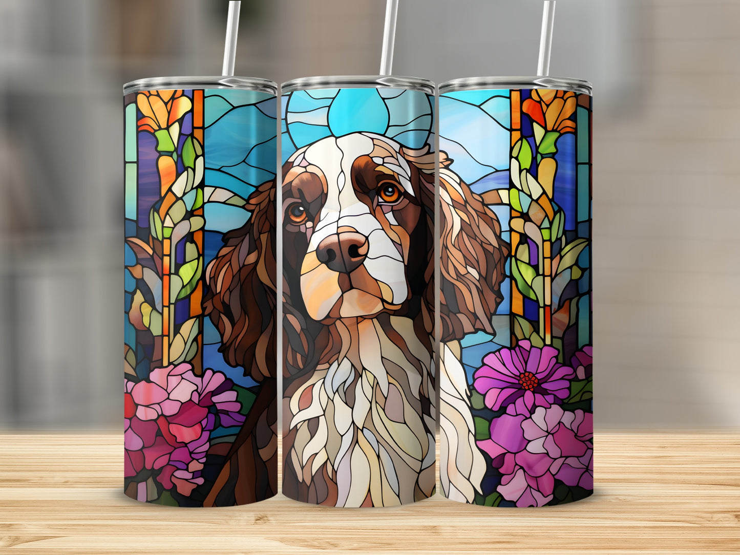 Stained glass tumbler featuring a dog portrait surrounded by colorful flowers.