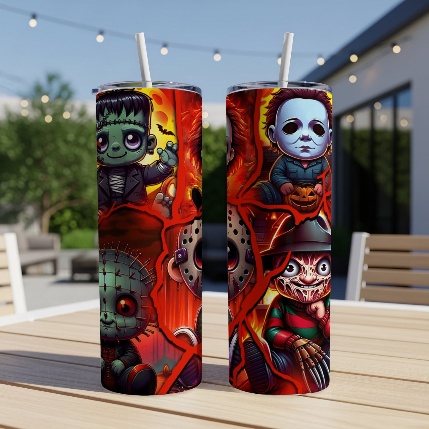Two tumblers with cartoon horror characters including Frankenstein, Michael Myers, and Freddy Krueger.