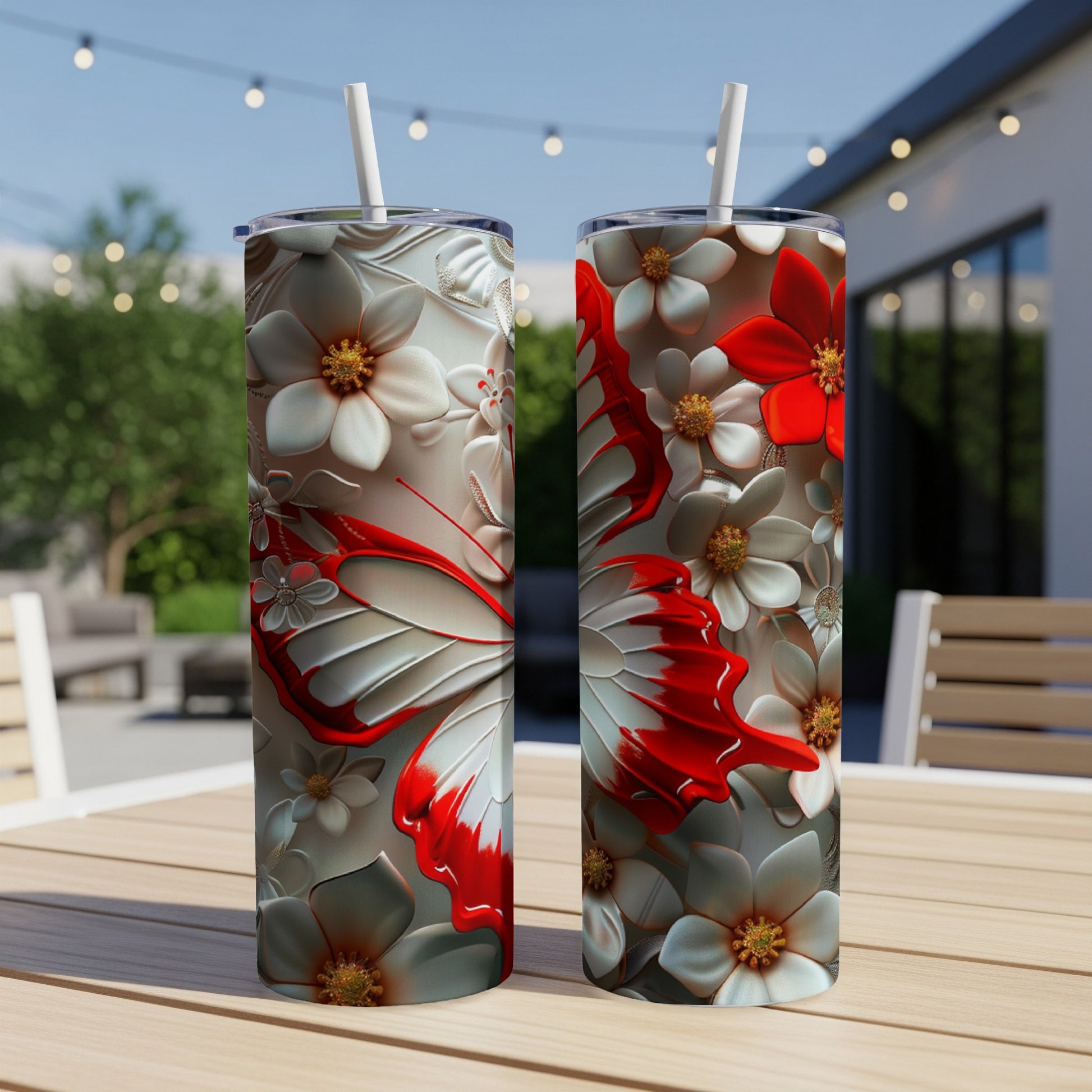 Two tall, double-walled tumblers with a butterfly and floral design.