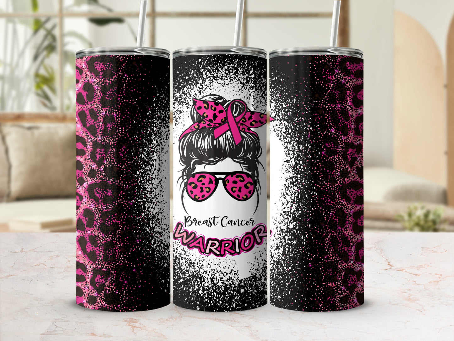 Pink leopard print tumbler with messy bun, sunglasses, and "Breast Cancer Warrior" text.
