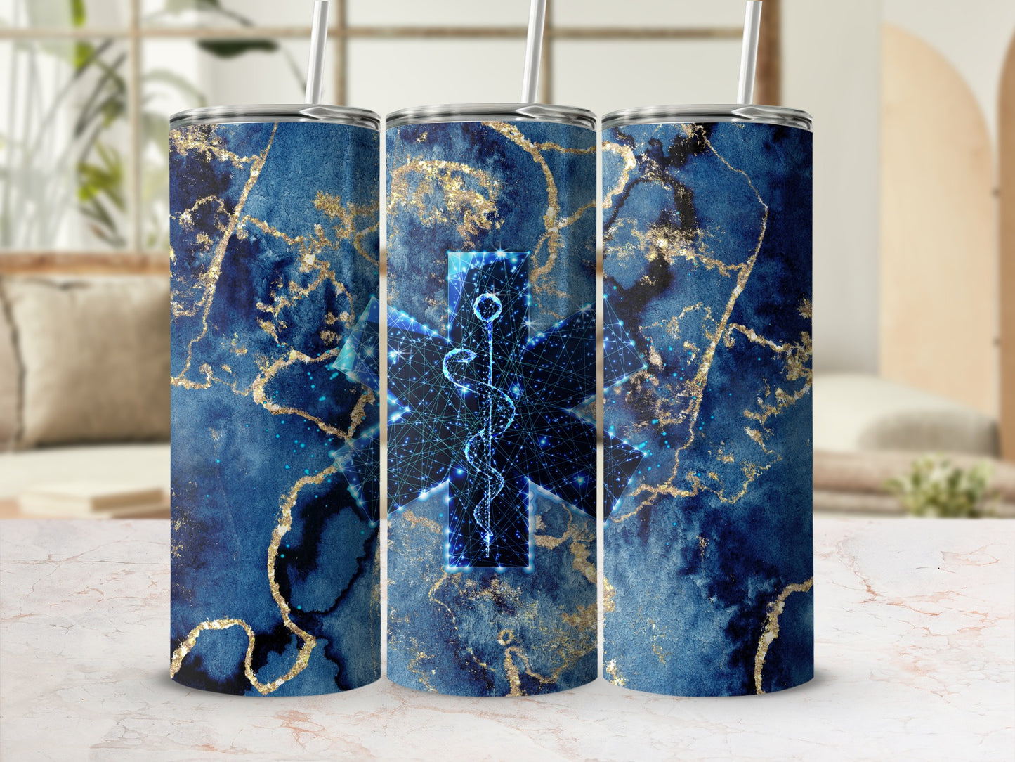 Blue and gold marbled tumbler with a glowing medical symbol.