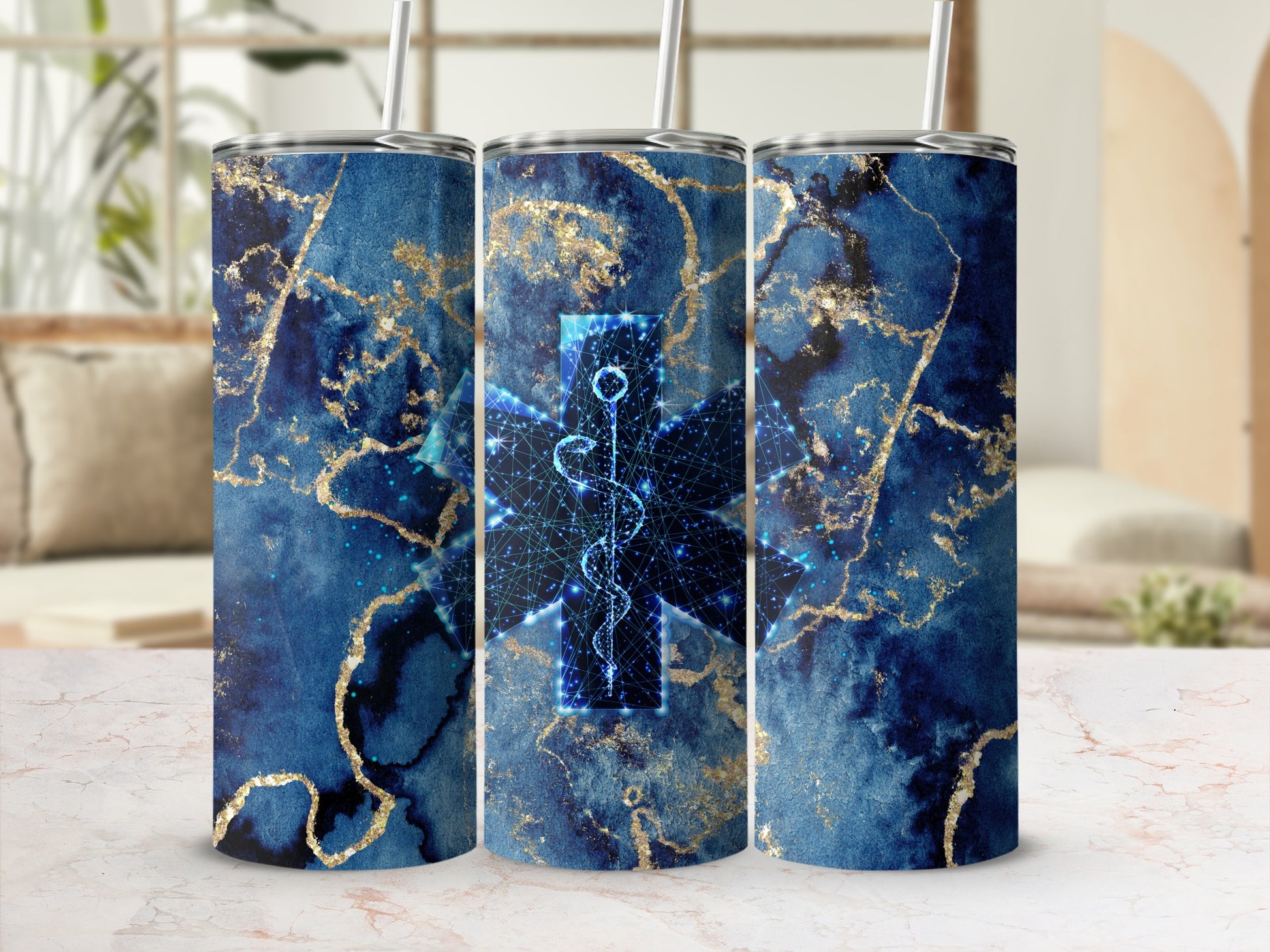 Blue and gold marbled tumbler with a glowing medical symbol.