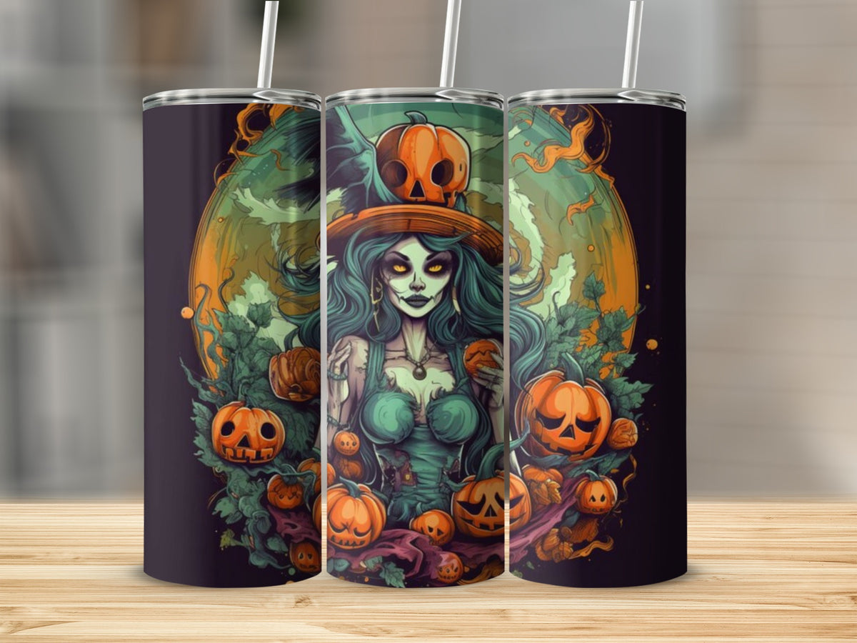 Tumbler with Halloween witch illustration surrounded by pumpkins and foliage.