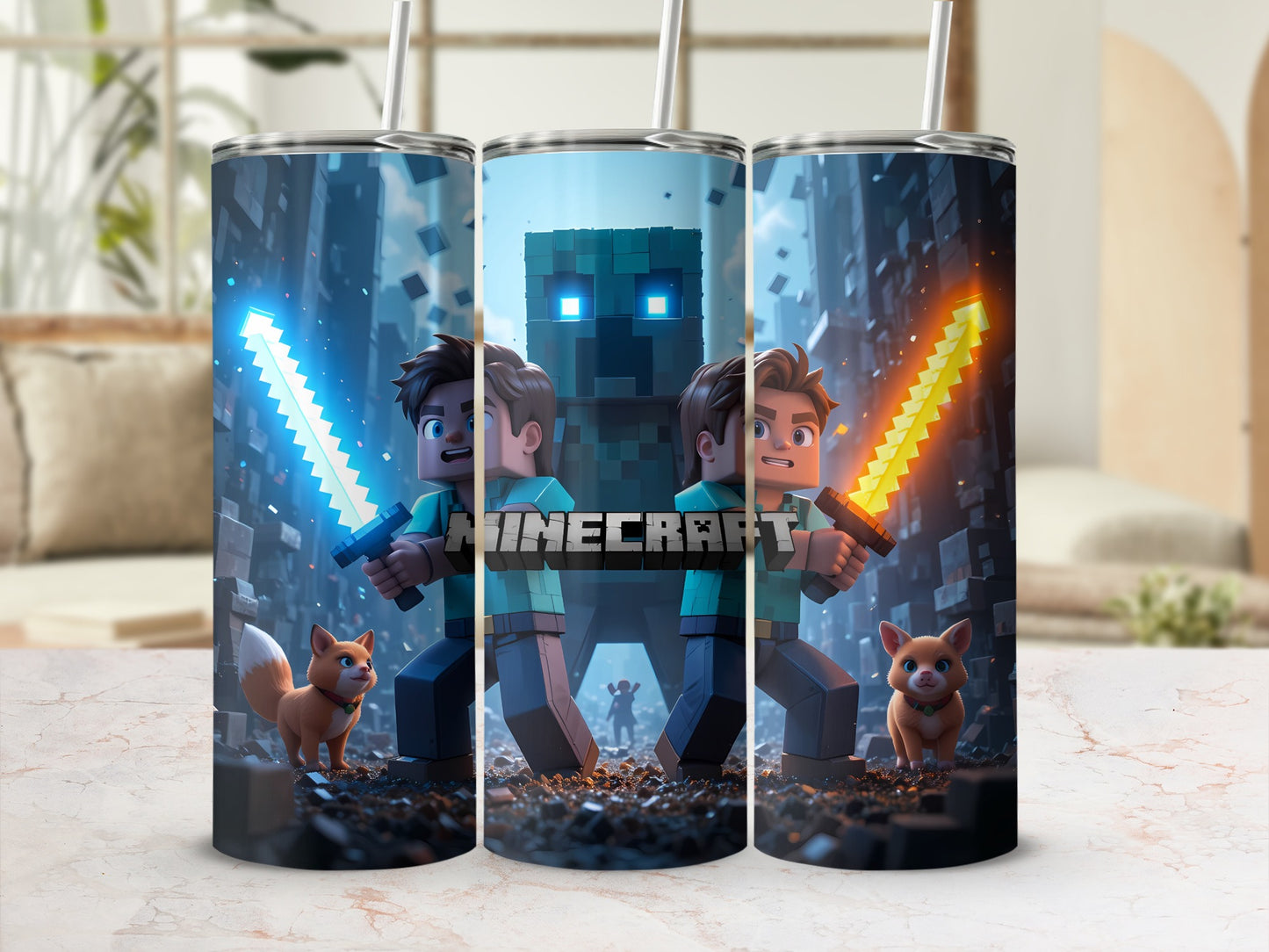 Minecraft Themed Tumbler with Swords and Pets