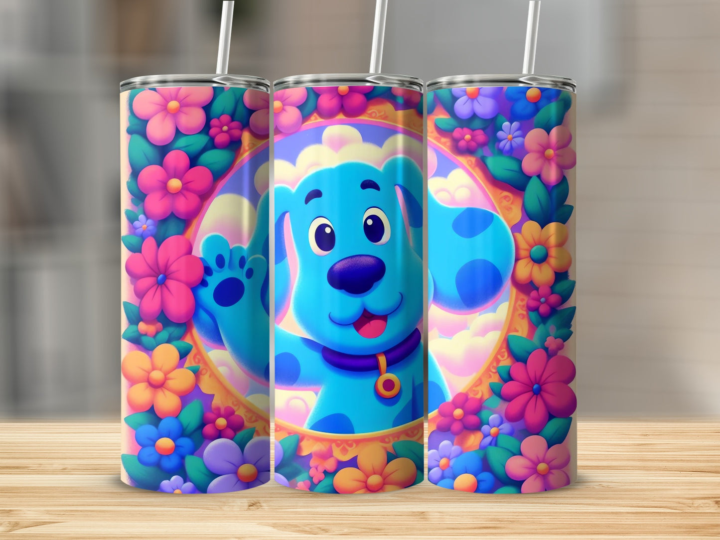 Cartoon Blue Dog with Colorful Flowers Collage Tumbler