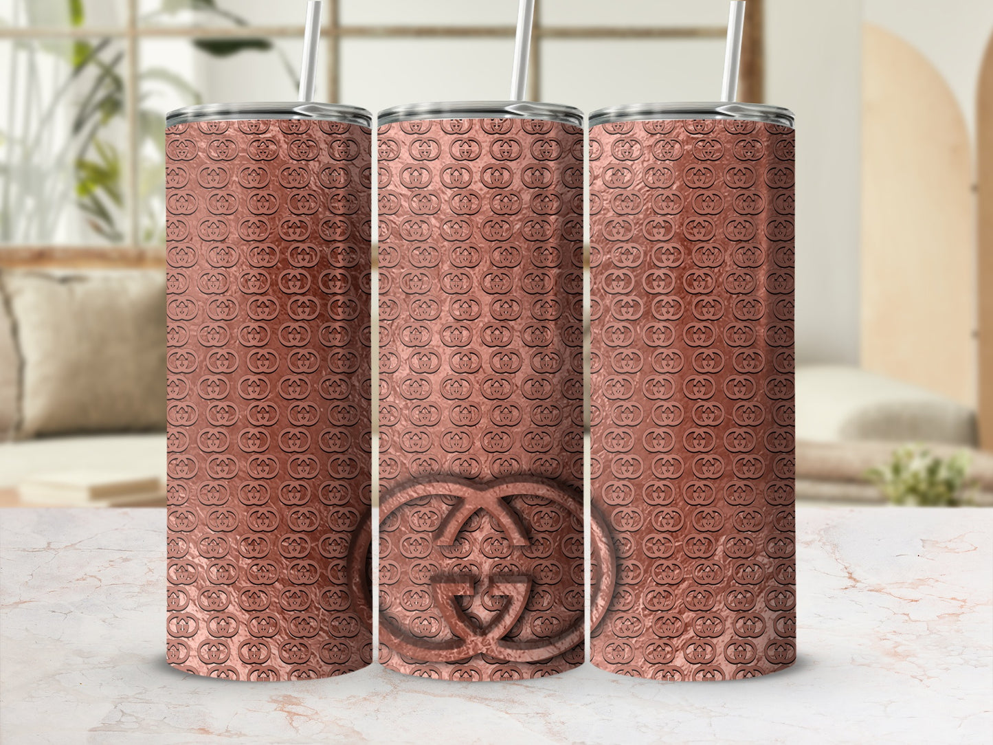 Stylish Brown Embossed Pattern Tall Tumbler Bottle