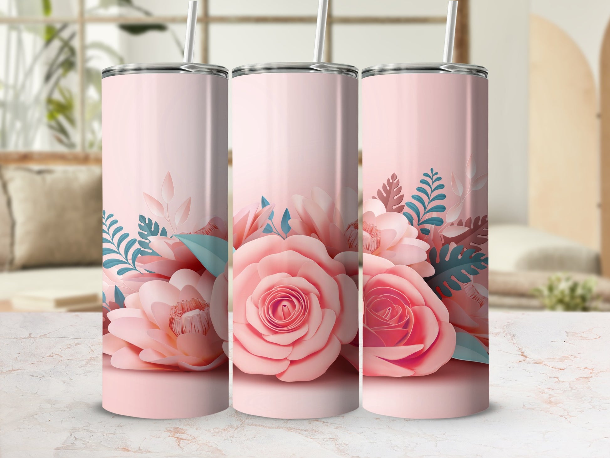 Elegant Pink Floral Design Insulated Tumbler Product