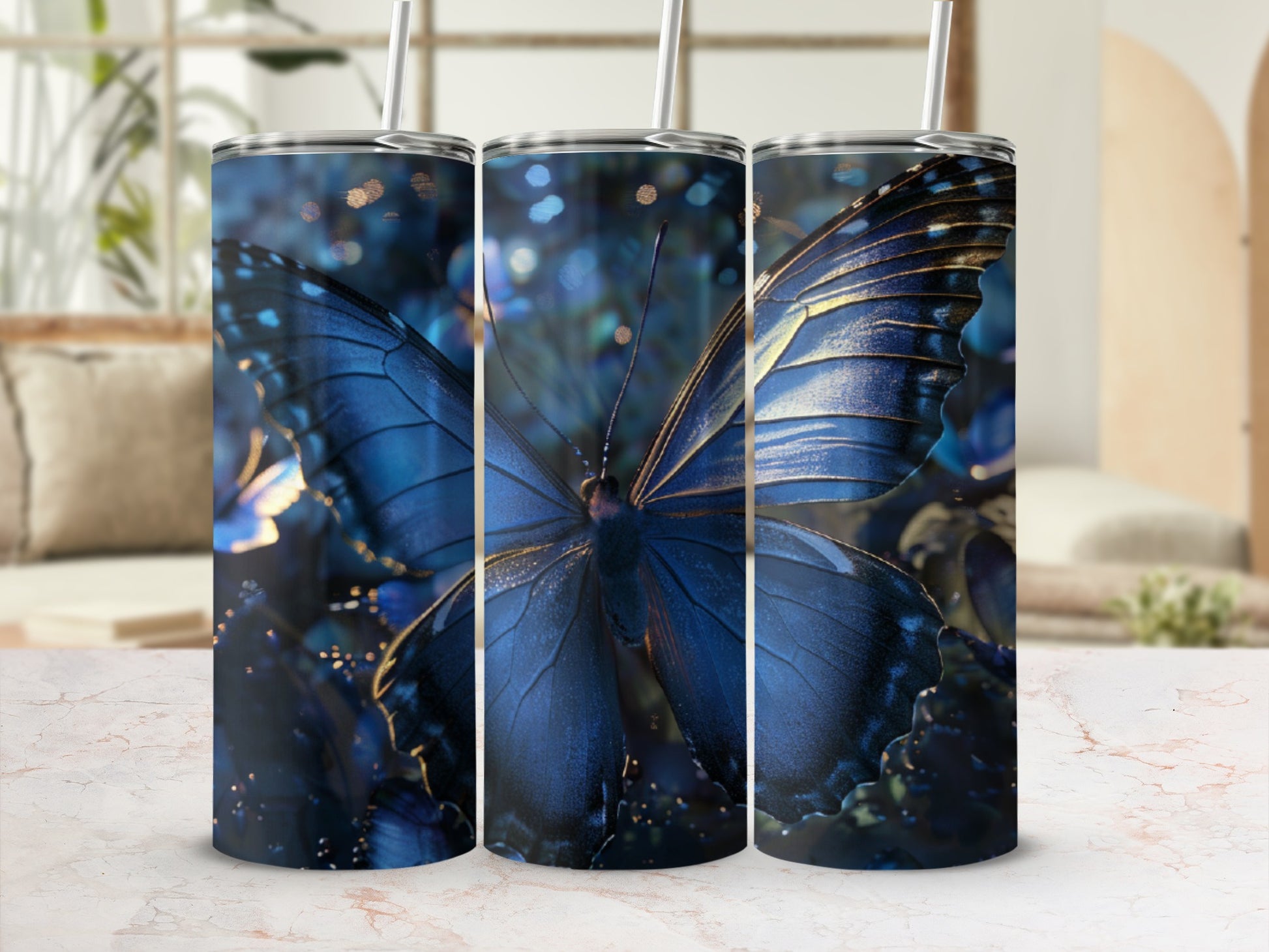 Triptych of tumblers featuring a close-up blue morpho butterfly with bokeh background.