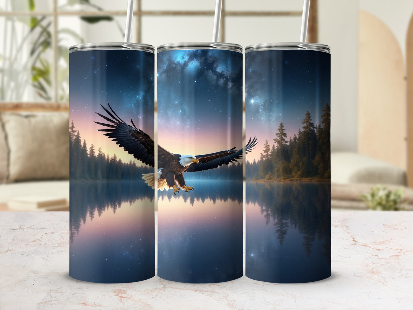 Eagle in flight over a starry lake with reflections.