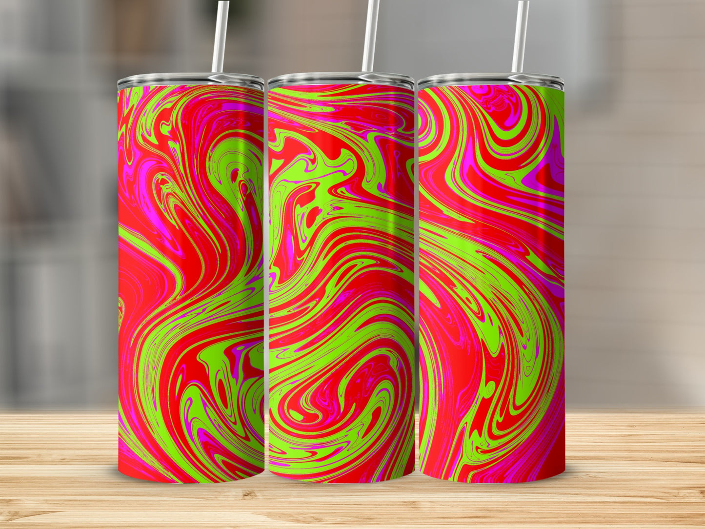 Vibrant psychedelic swirl design tumbler beverage product