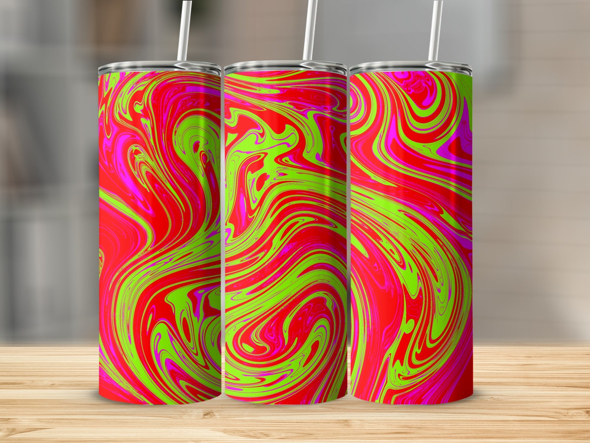 Vibrant psychedelic swirl design tumbler beverage product