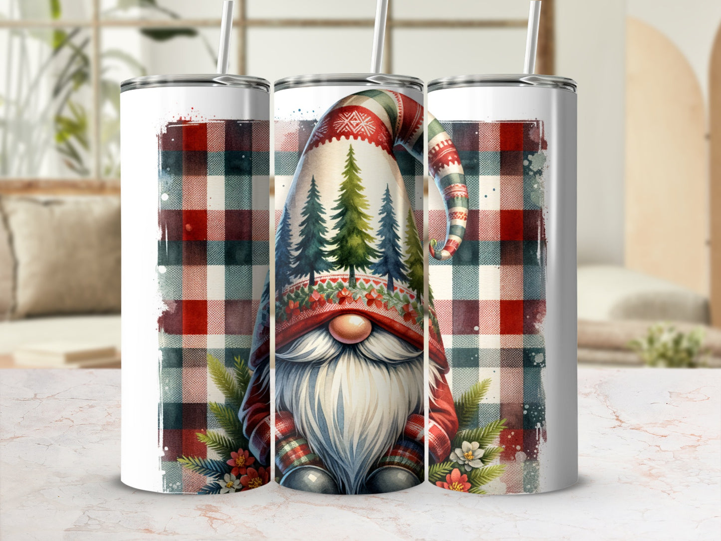 Gnome with Christmas tree hat and plaid background.