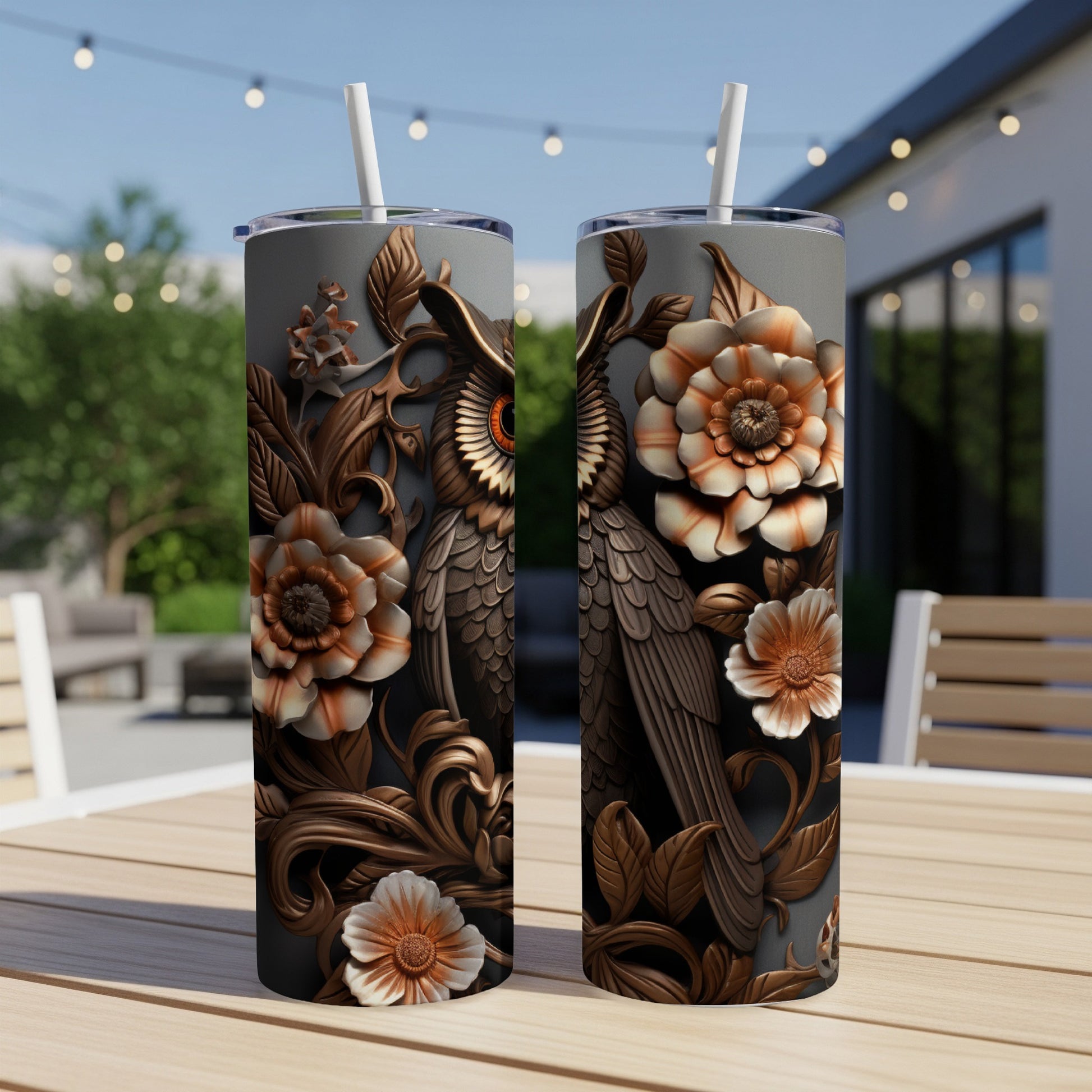 Two tumblers featuring a detailed owl and floral relief design.