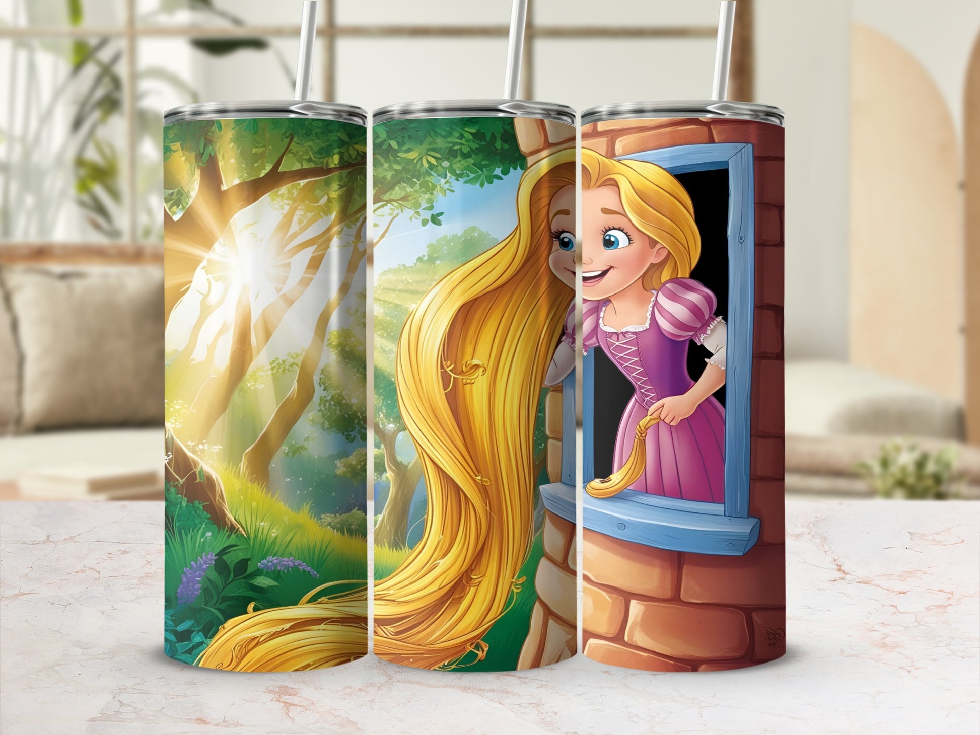 Tangled Rapunzel peeking from a tower window, surrounded by forest scenery.