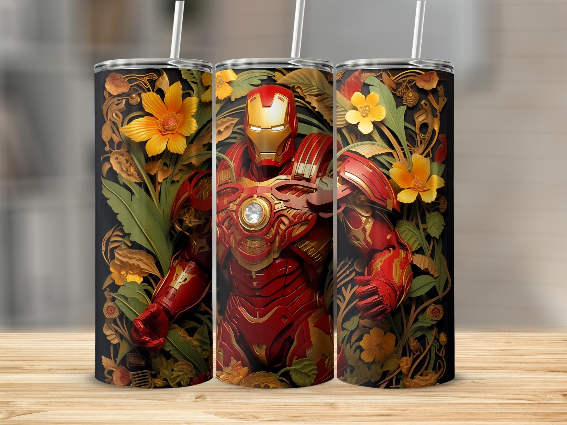 Iron Man Floral Design Stainless Steel Tumbler