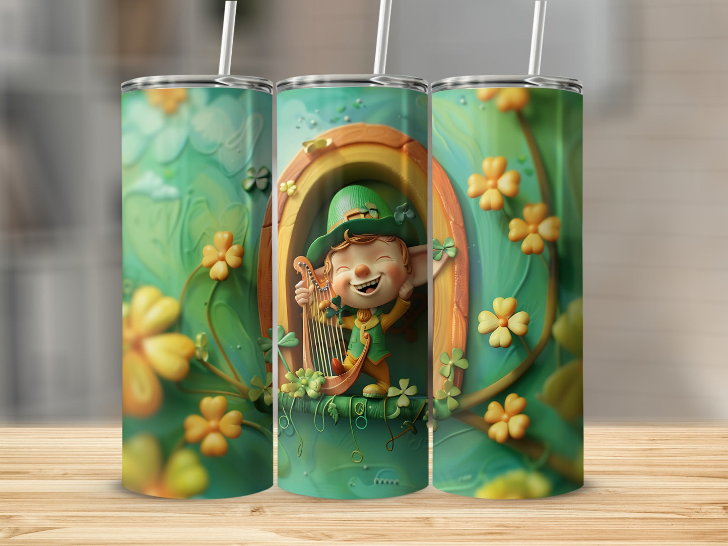 Leprechaun playing a harp under a rainbow, surrounded by shamrocks.