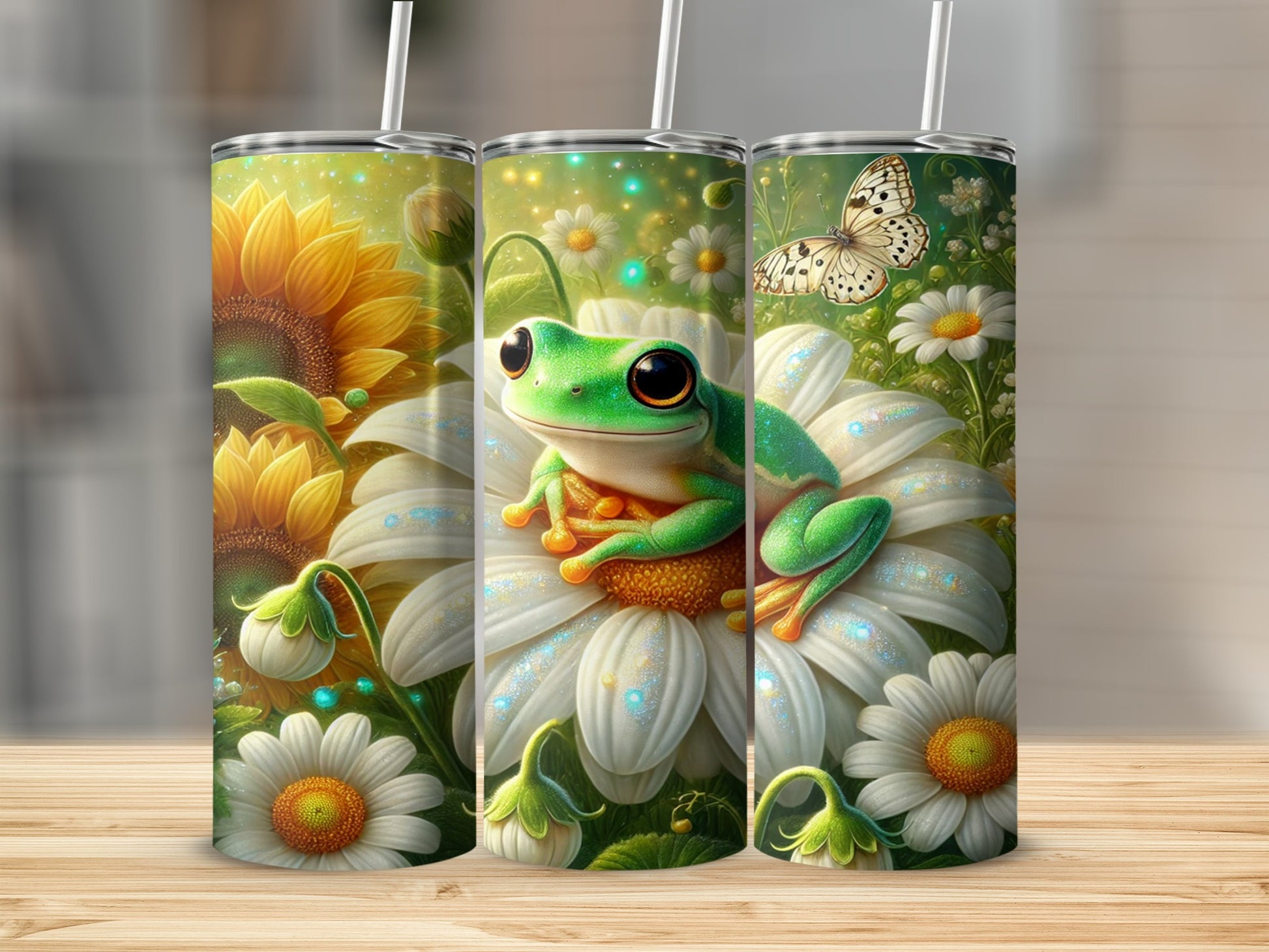 Cute Frog on Daisy with Sunflowers and Butterfly Tumbler