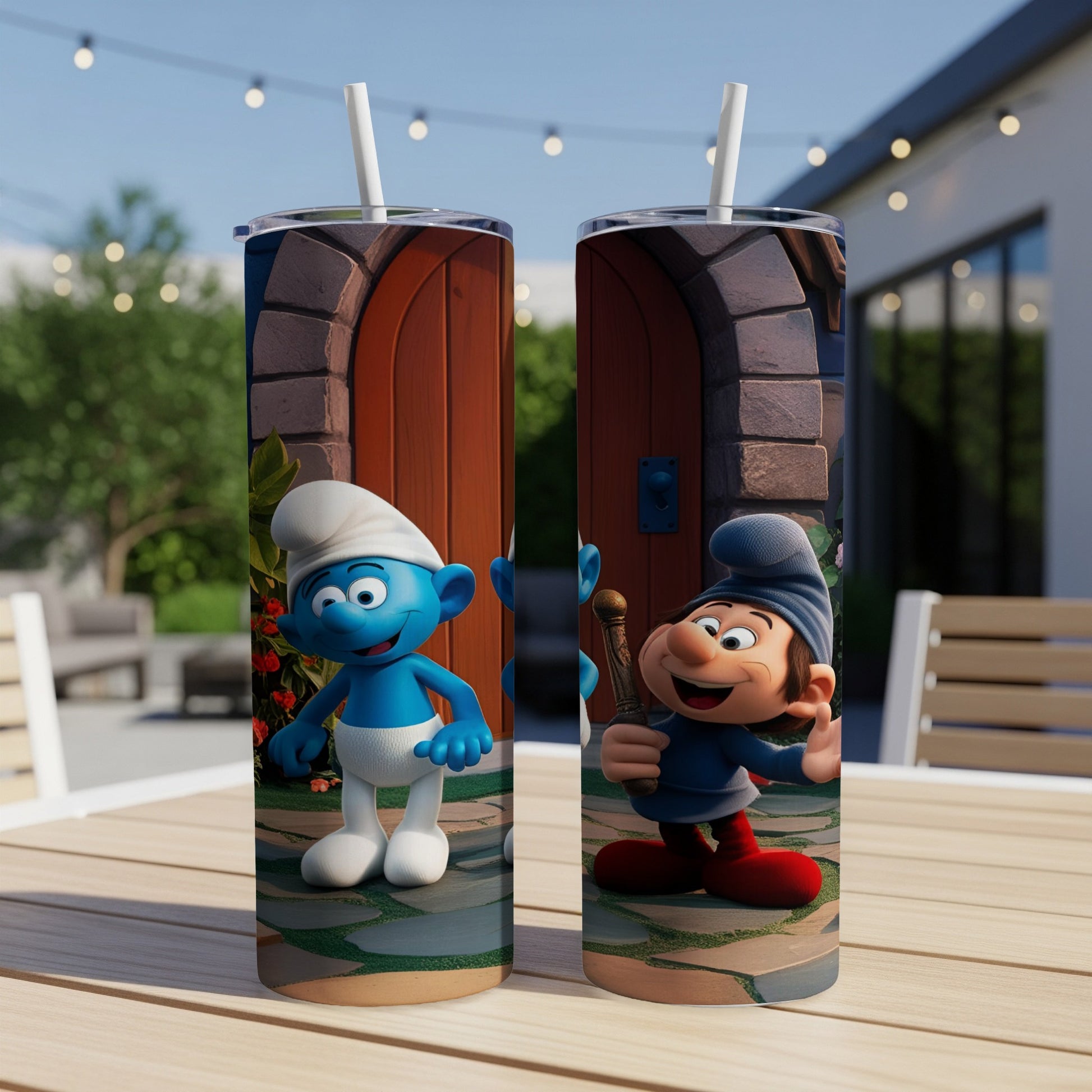 Two tumblers featuring Smurfs Papa Smurf and Clumsy Smurf.