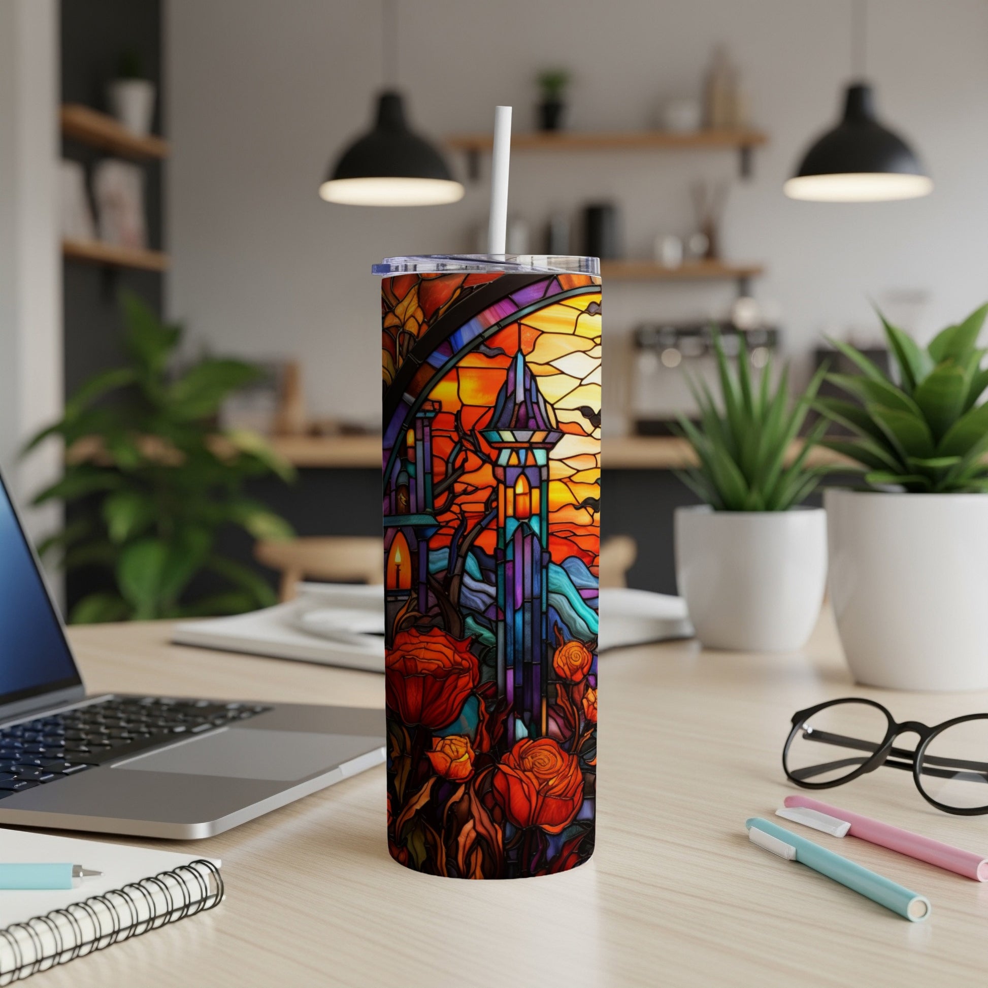 Tumbler with gothic castle and rose stained glass art design.