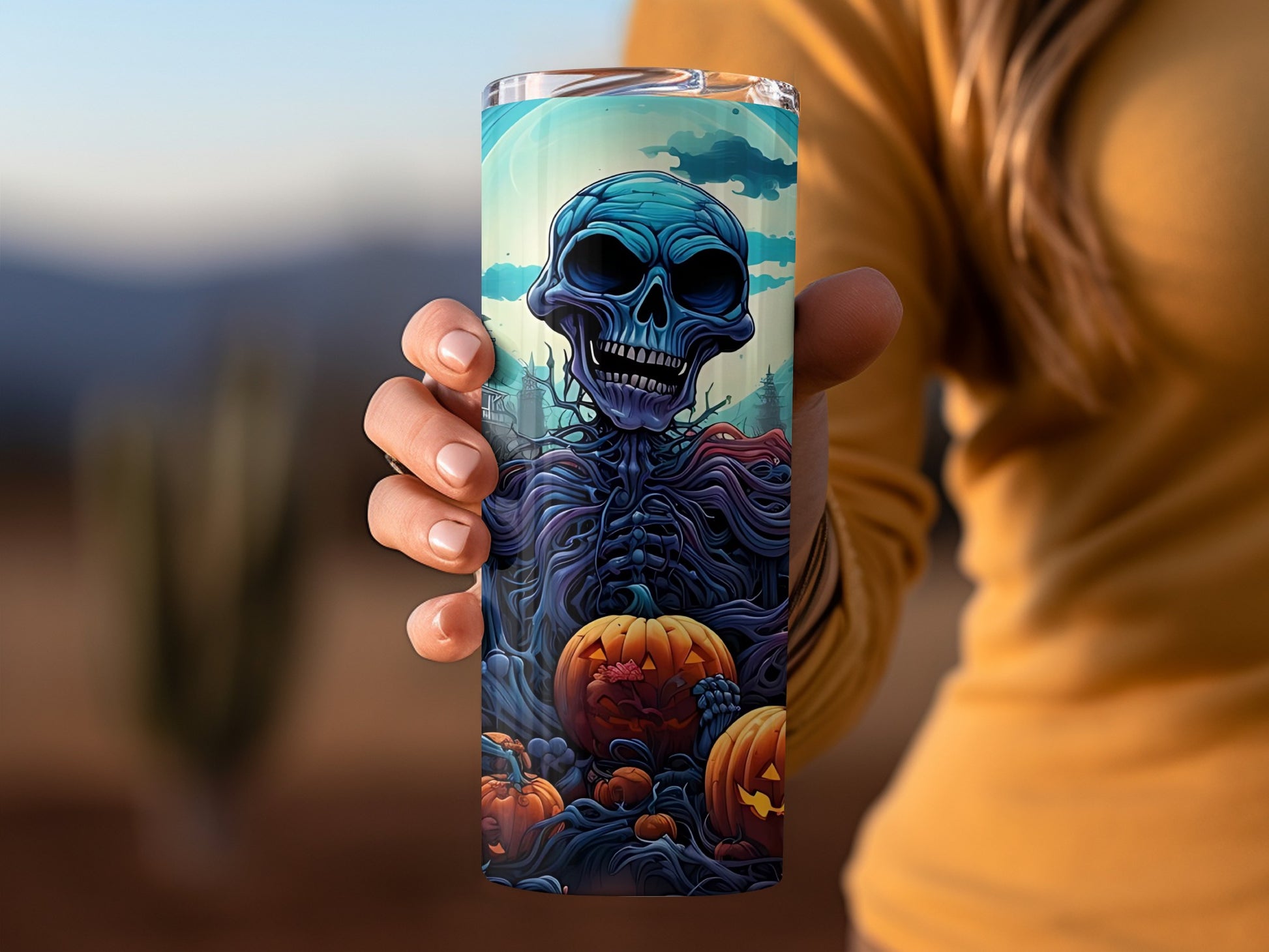 Spooky Halloween Skull and Pumpkins Design Tumbler