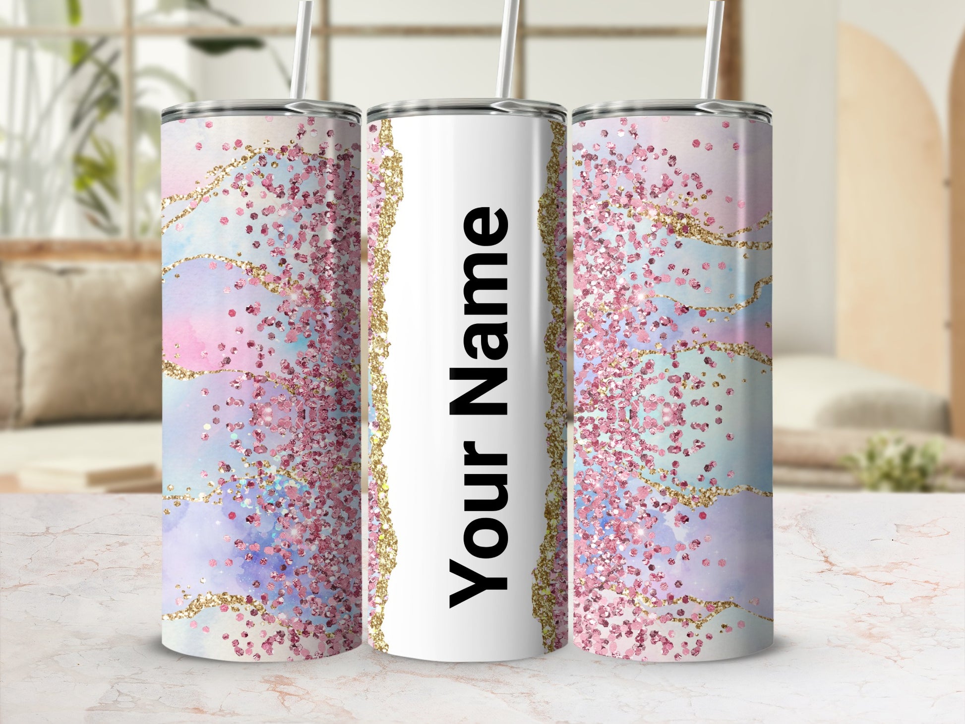 Personalized Glitter and Marble Design Tumbler
