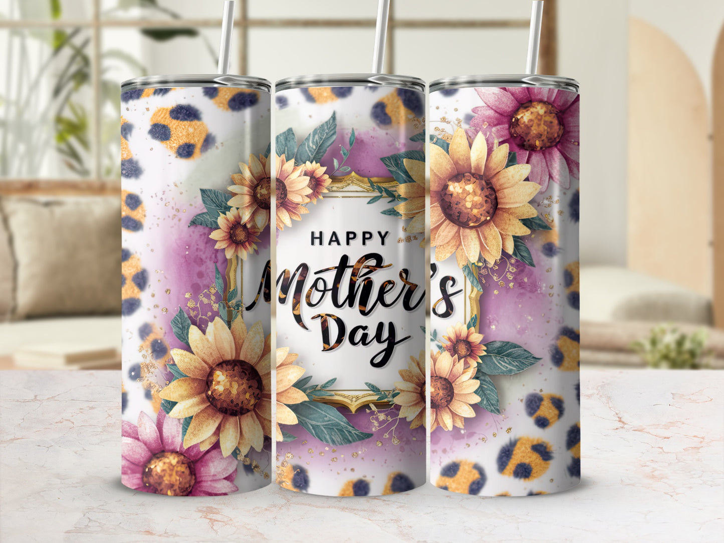 Happy Mother's Day floral and leopard print tumbler with straw.
