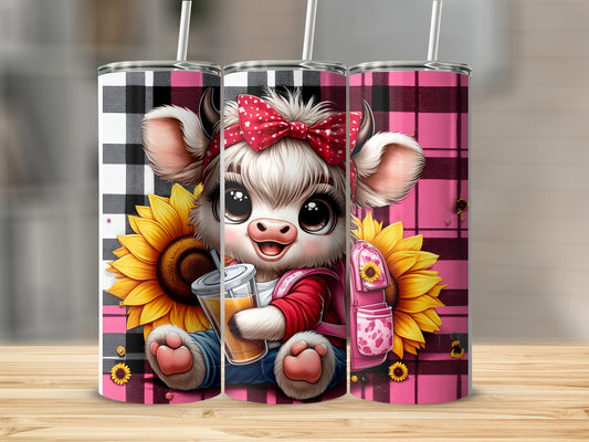 Cute cartoon cow with sunflower, holding a drink, on a tumbler.