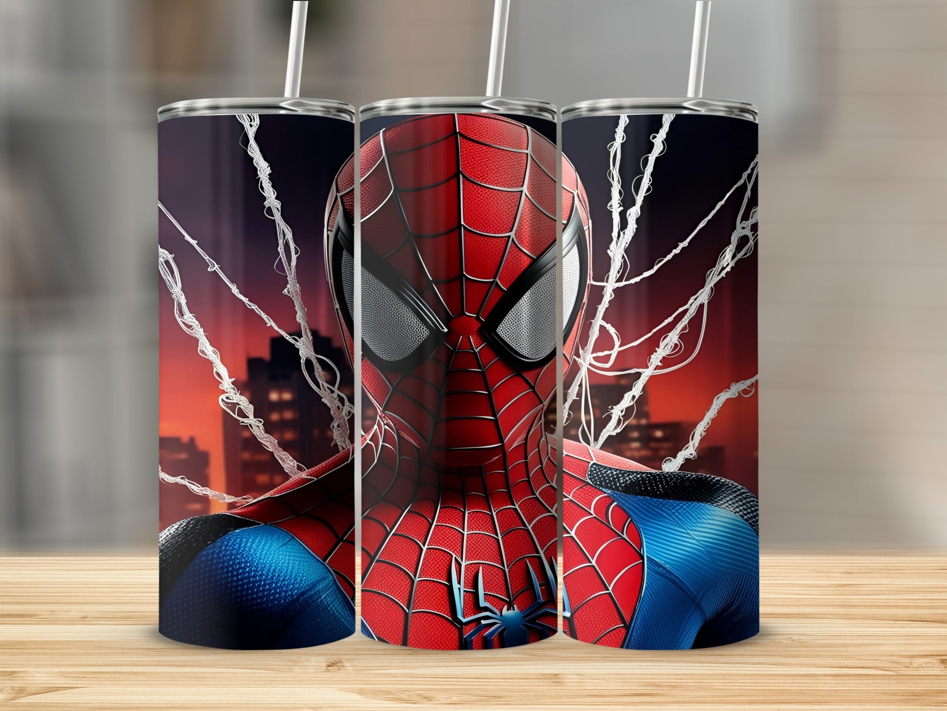 Spiderman character illustration on three tall tumblers against a city skyline background.