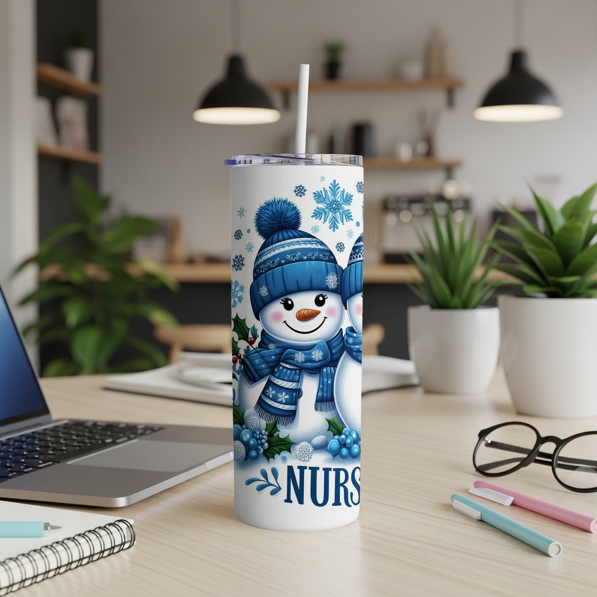 Tumbler with snowman design and "NURSE" text.